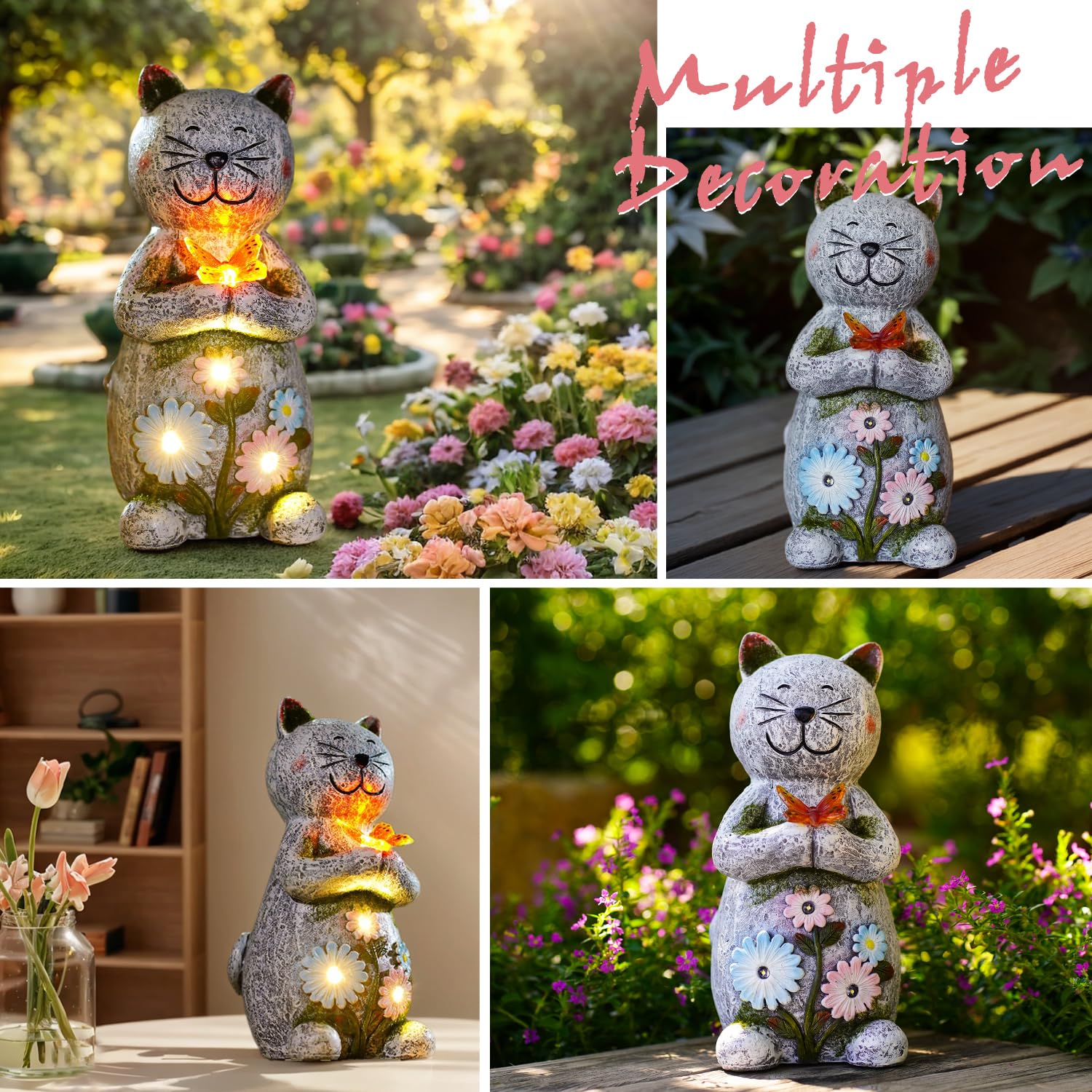 Fashionoda Solar Garden Statue Cat Figurine - Outdoor Decoration With Butterfly For Garden Yard Lawn Home Decor Outside : Unique Gifts For Mom Grandma