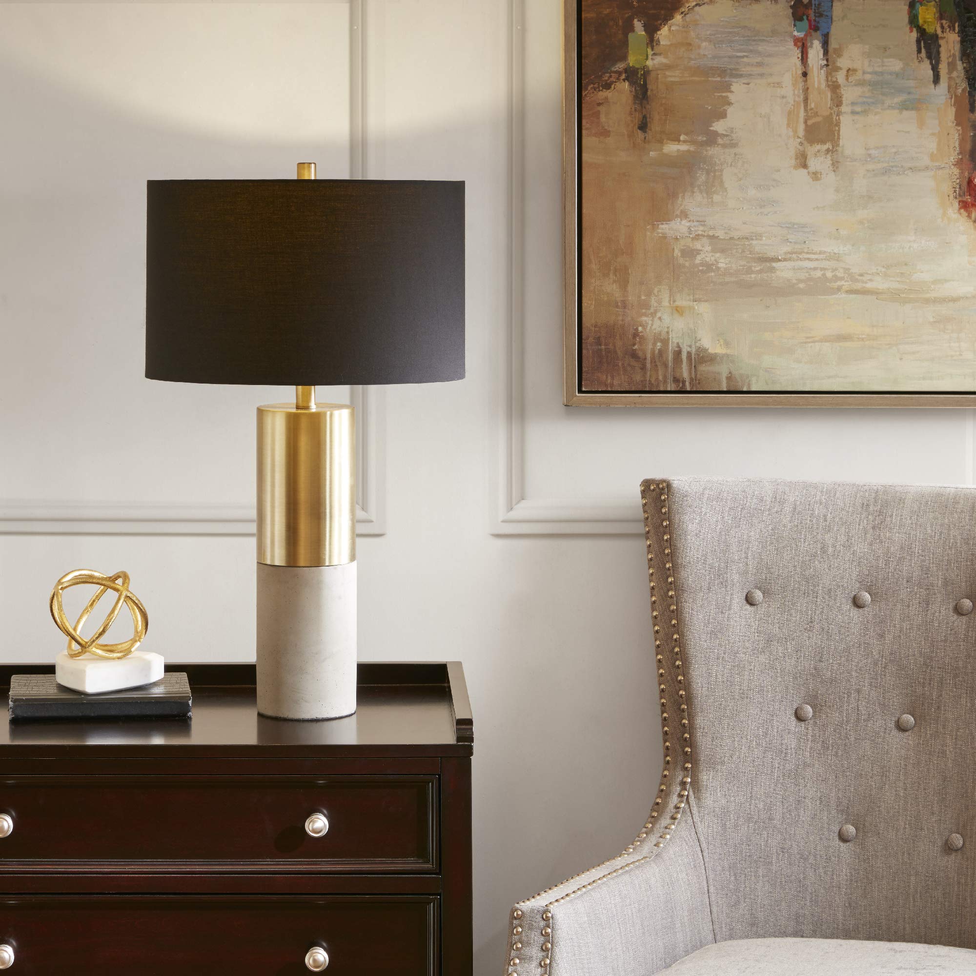 Hampton Hill Desk Lamp - Modern Luxe Gold/Black, 27.5 Tall, Fabric Drum Shade, Concrete Base, Model Mps153-0079