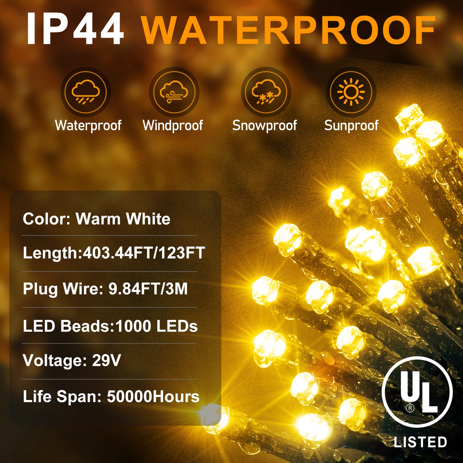 KNONEW 1000 LED String Lights - 403ft Warm White Outdoor Fairy Lights, 8 Modes, Waterproof, Dark Green Wire, Model 68KN-168LIG-NIU