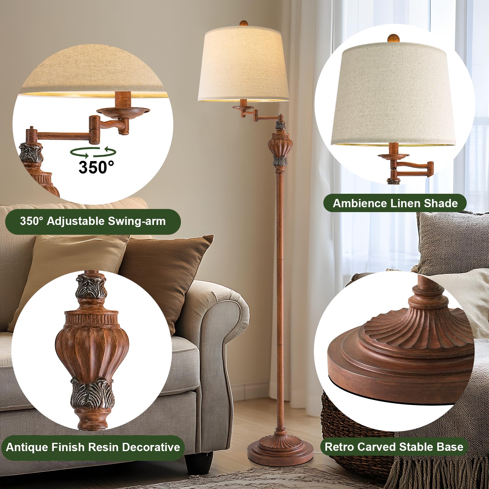 G-Safava 61  Vintage Floor Lamp With 350?Adjustable Swing Arm  Standing Lamp For Bedroom Living Room Bedside Tall Lamp Nightstand Retro Farmhouse Mid Century Lamp Light Home D?Or Office Gifts