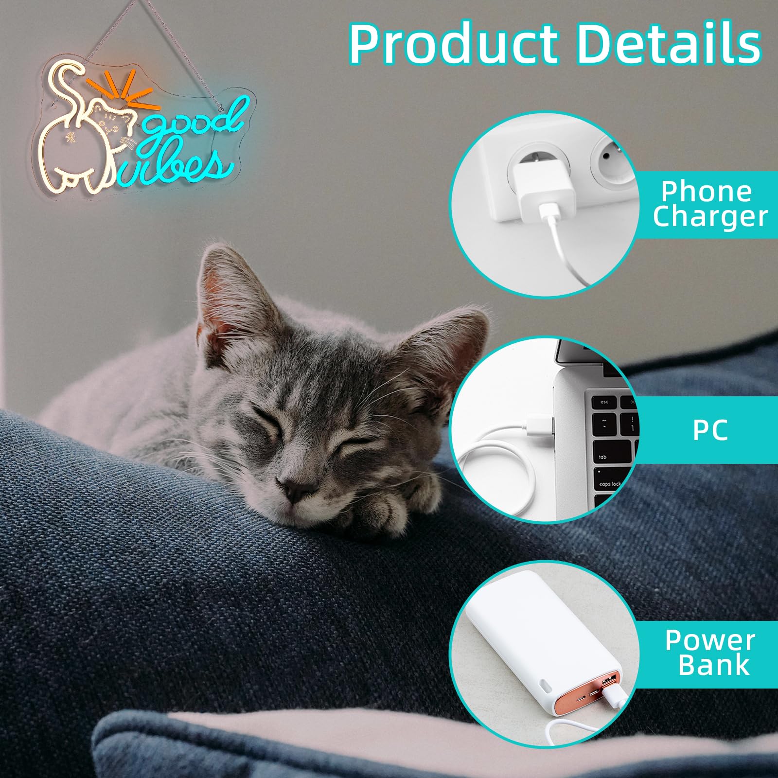 Jurong Cat Neon Sign For Wall Decor  Little Kitten Good Vibes Neon Light  Usb Powered  5V/2A  Led Dimmable For Home  Party  Gift  Office  Bedroom  Kids Room Background Decoration