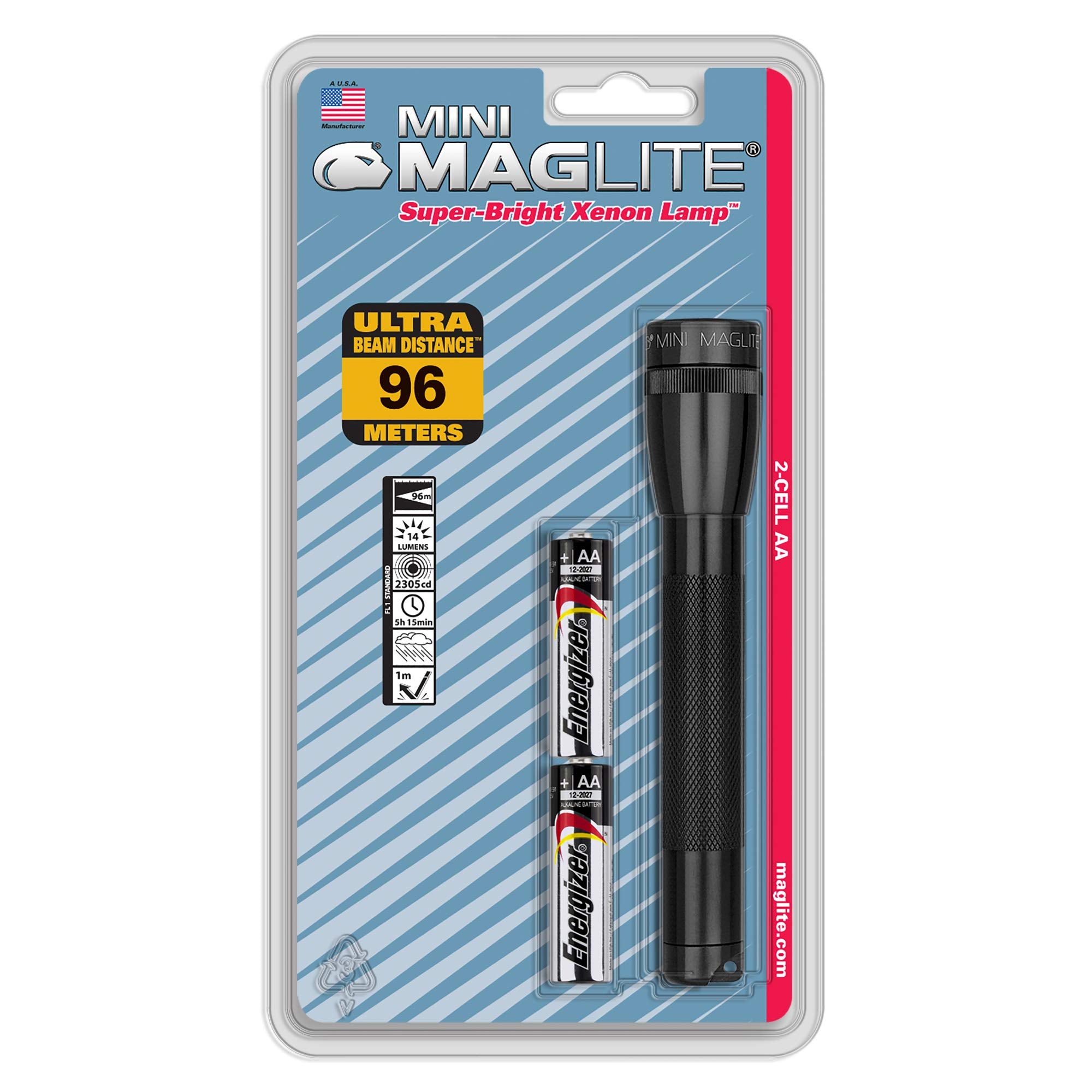 MagLite Mini Incandescent Flashlight, 2-Cell AA, Aluminium Alloy, Black, Model 103-000-853