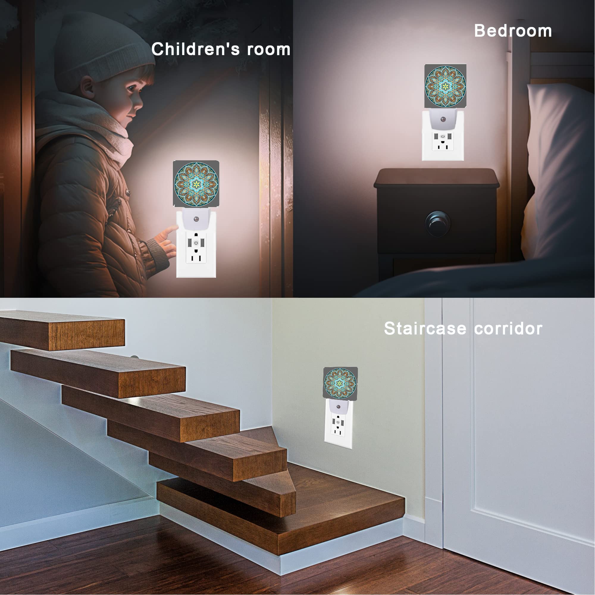 Oeaskly Mandala Floral Night Light,Yellow And Brown Ethnic Style Plug-In Night Lights With Dusk-To-Dawn Sensor For Stairway/Hall