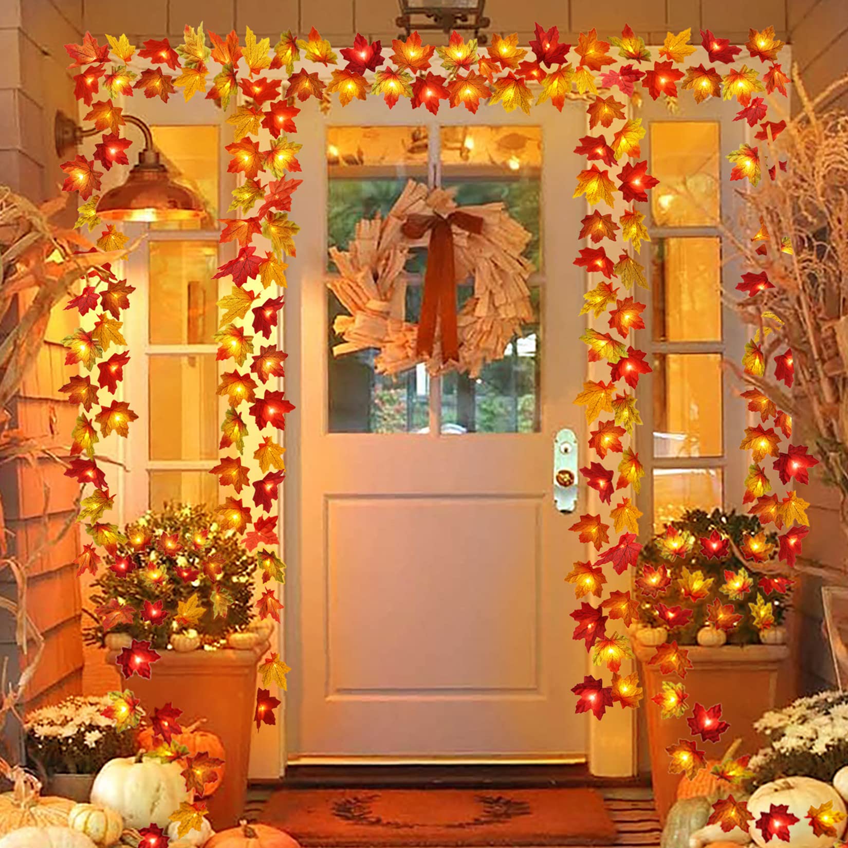 Runleo Fall Decor Multicolored Maple Leaf Lights, 10Ft 20Led Lights Battery Operated Fall Leaves Garland With Lights Door Lights String Home Decor Indoor Outdoor Halloween Thanksgiving Decorations