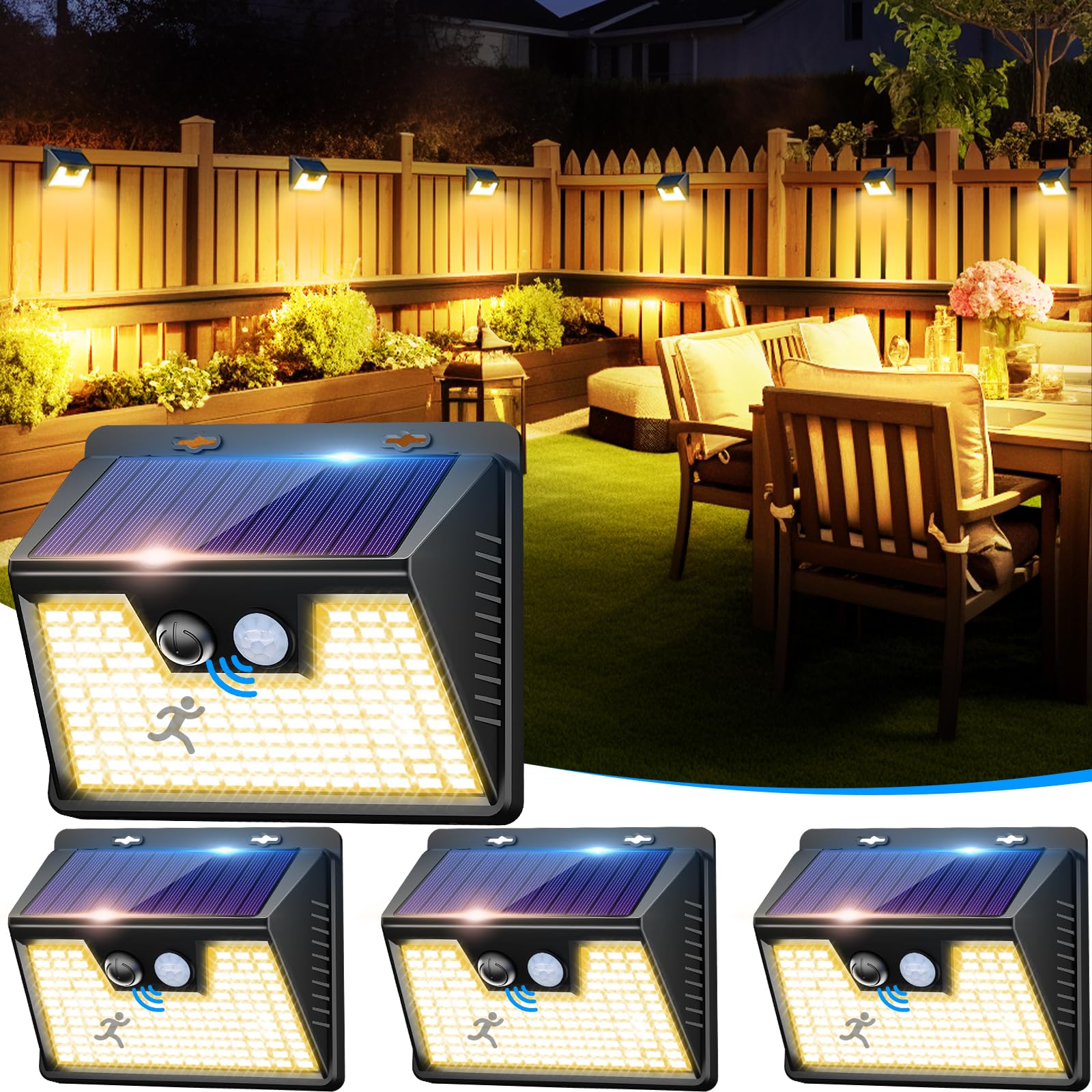 Solar Lights Outdoor 4 Pack, 140LED/3 Modes Motion Sensor Outdoor Lights Solar Powered, Wireless IP65 Waterproof Solar Lights Ou