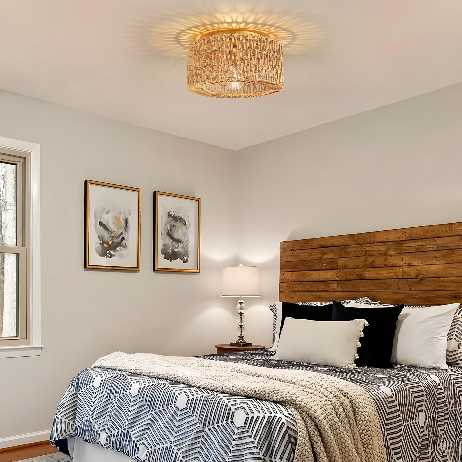 Foucasal Boho Flush Mount Light Fixture, Coastal Ceiling Light Fixtures Woven Rattan Chandelier For Hallway Bedroom Kitchen Entr