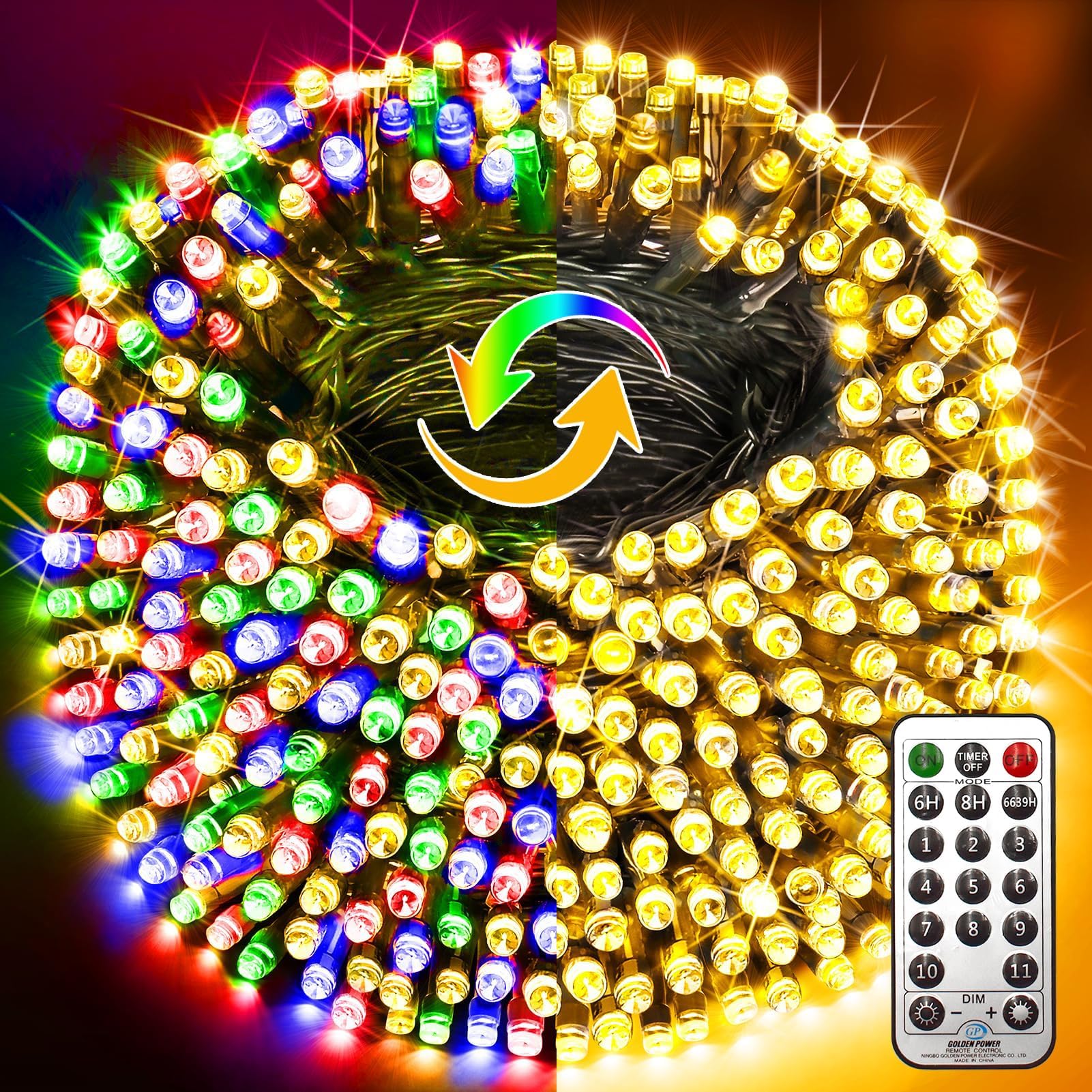 KNONEW 197FT 500 LED Christmas Lights Color Changing String Lights Outdoor with 11 Modes Timer, Green Wire Fairy Light Plug in W