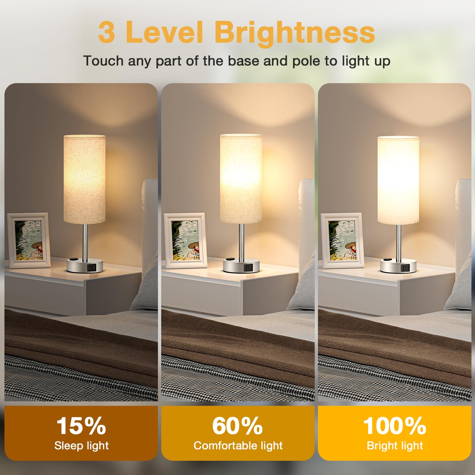 Light Beige Touch Nightstand Lamps - 3 Way Dimmable Bedside Table Lamps Set Of 2 For Bedroom With Usb C And A Ports, Small Desk