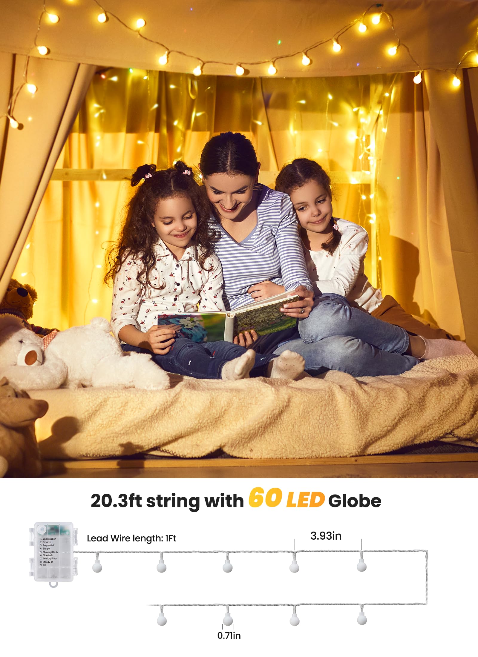 Brightown Battery Operated String Lights, 60 LED Globe Fairy Lights, 19.6Ft, MiniGlobe-60D, Indoor/Outdoor Decor