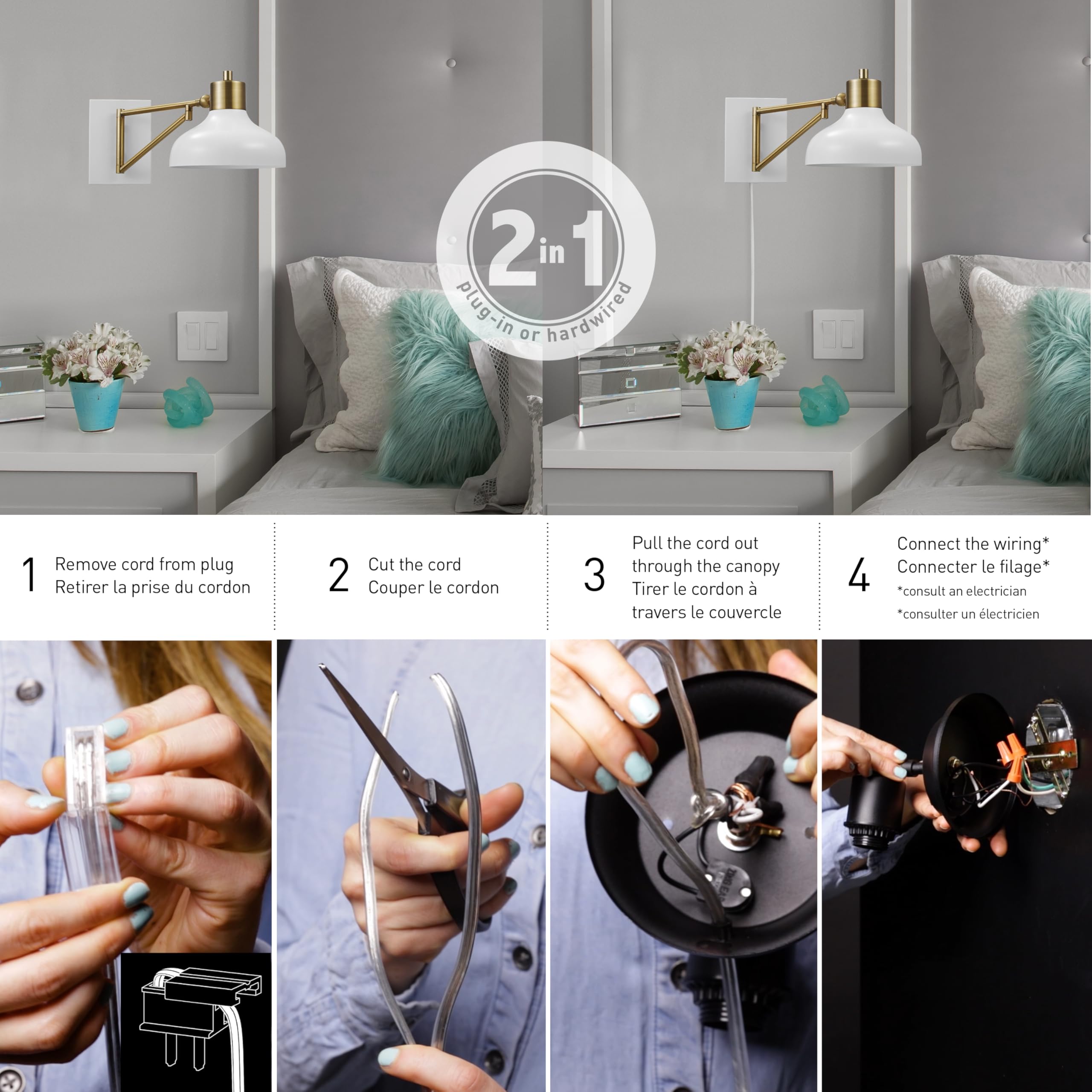 Globe Electric 51344 1-Light Plug-In Or Hardwire Swing Arm Wall Sconce, White, Brass Accents, White-Cloth Cord, Mounted Bedside