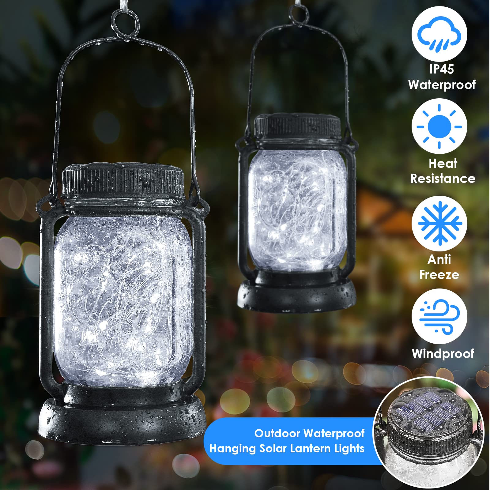 Mlambert Solar Hanging Mason Jar Lights, 30 LEDs, Waterproof, Cool White, Model OKDMX-USML-001, 4 Pack for Outdoor Decor