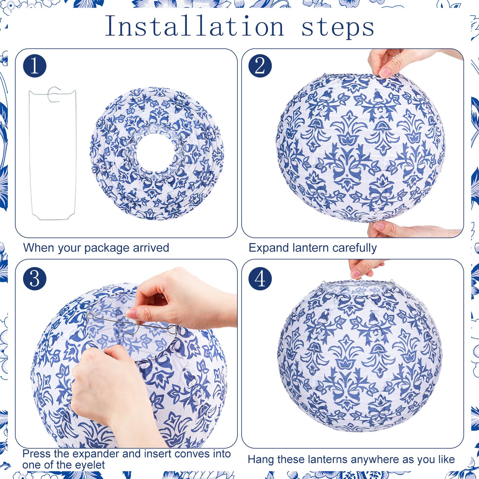 Retisee Chinoiserie Paper Lantern Set, 12 Pcs, 10" Blue & White Ceramic Hanging Lanterns for Wedding, Birthday, Baby Shower Decor