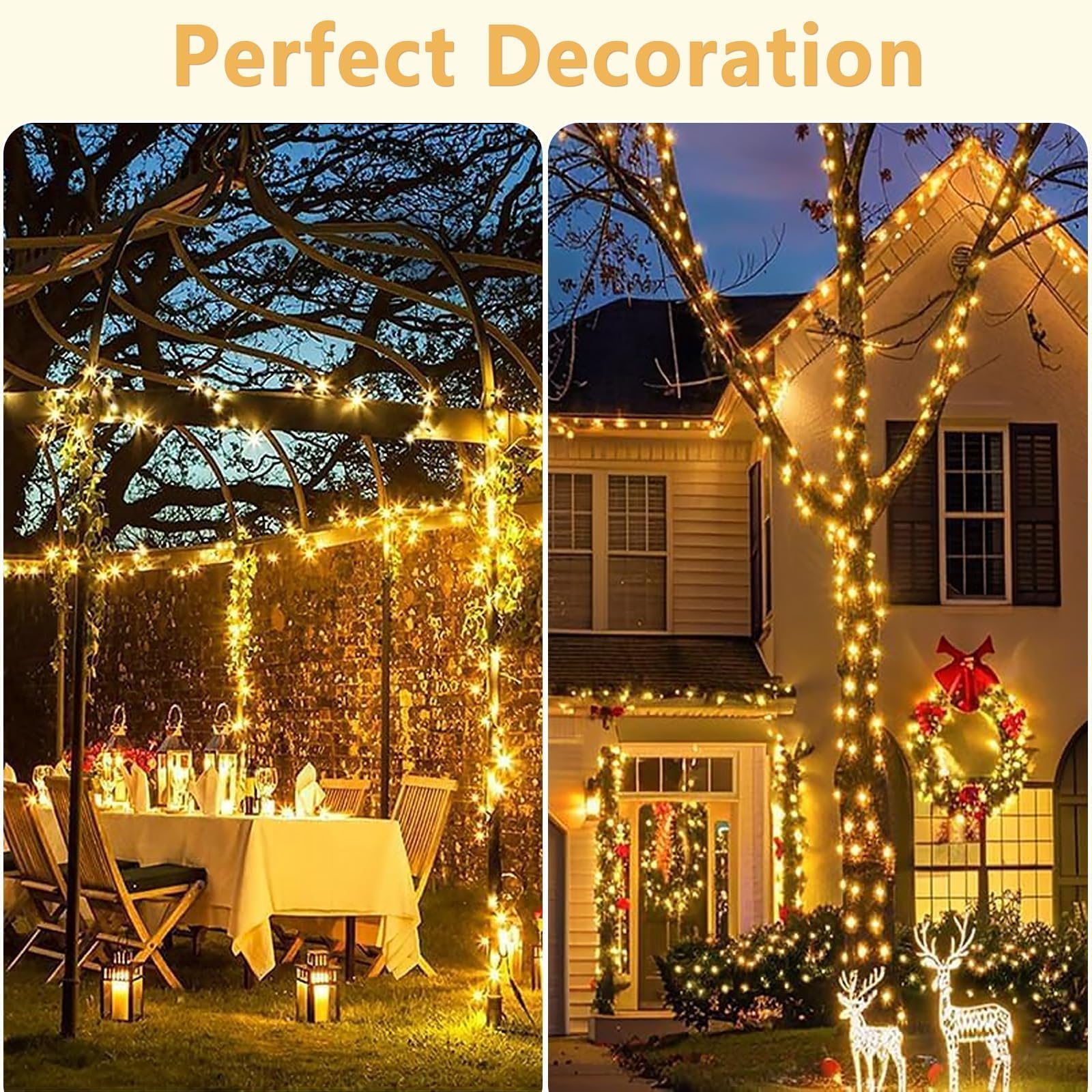 SyouHome Solar String Lights, 800 LEDs, 262FT, 8 Modes, IP65 Waterproof, Warm White, 4 Pack for Outdoor Garden Wedding Party