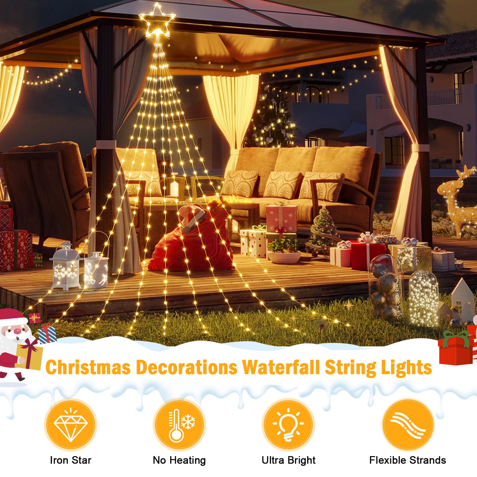 Brightown Christmas Star String Lights - 344 LED, 11.8ft Warm White Waterfall Lights, 8 Modes, Indoor/Outdoor Decor