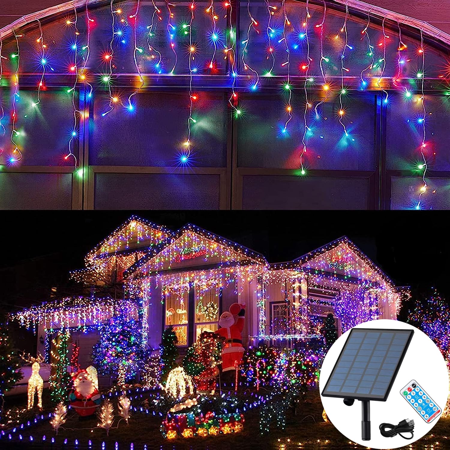 KiflyTooin Solar Powered Christmas Lights, 320 LED, 29.5ft, Waterproof Curtain Lights, Multicolor, Model GP-SW290DC0209-IP44