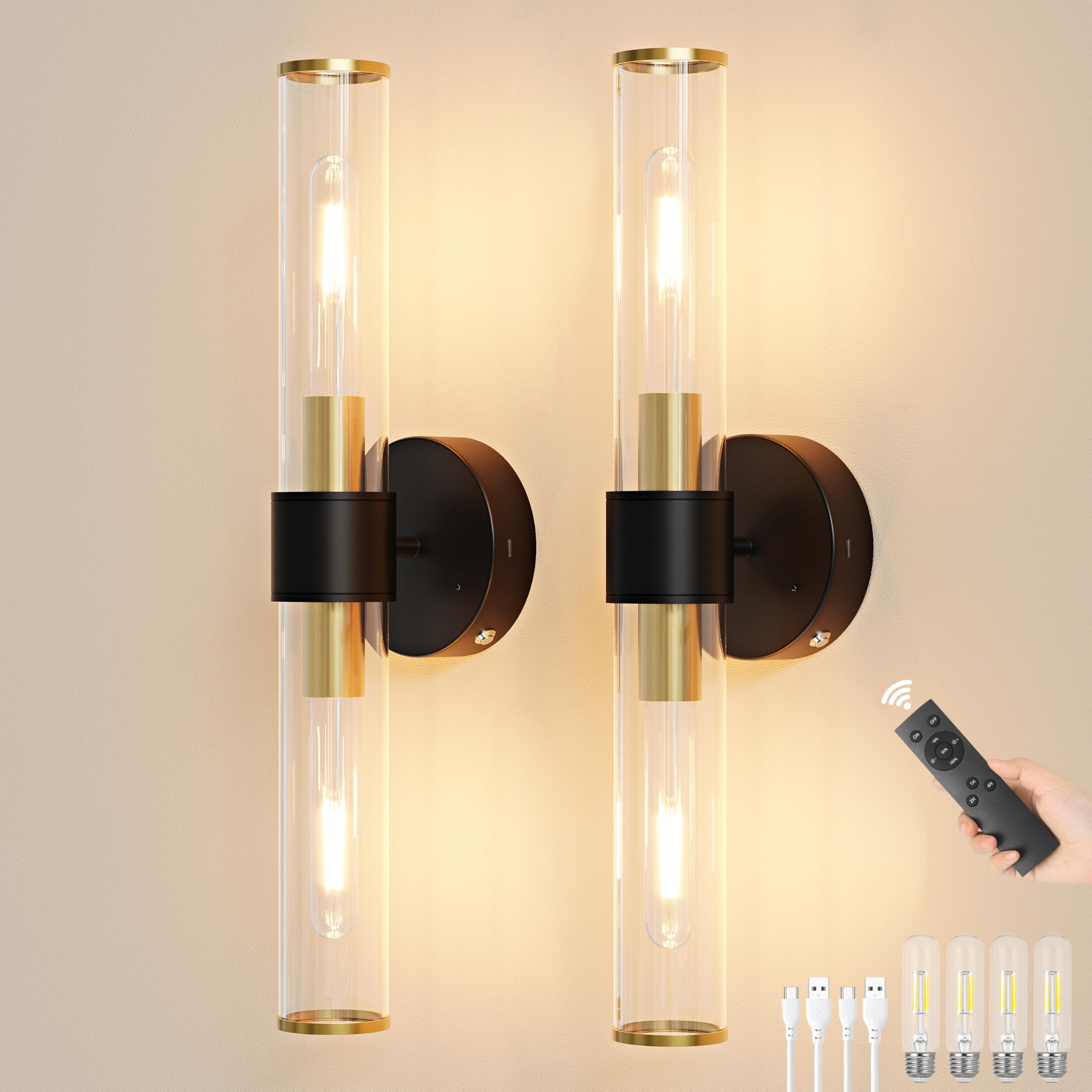 10000mAh Battery Operated Wall Sconces Set of 2, Black Gold Dimmable Rechargeable Wall Sconce with Remote, 20 Inch Wireless Warm