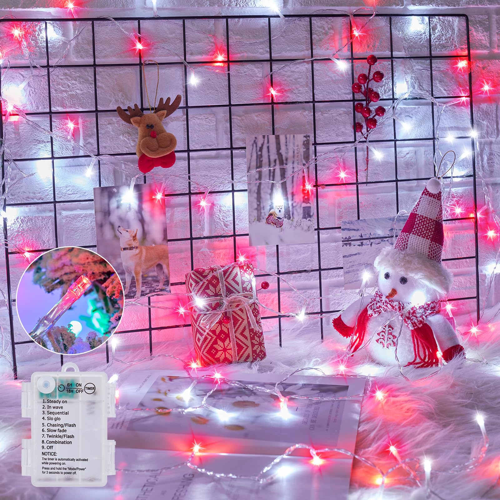 Minetom Christmas String Lights, 50 LED, 17FT, Battery Operated, Waterproof, Red & Pure White