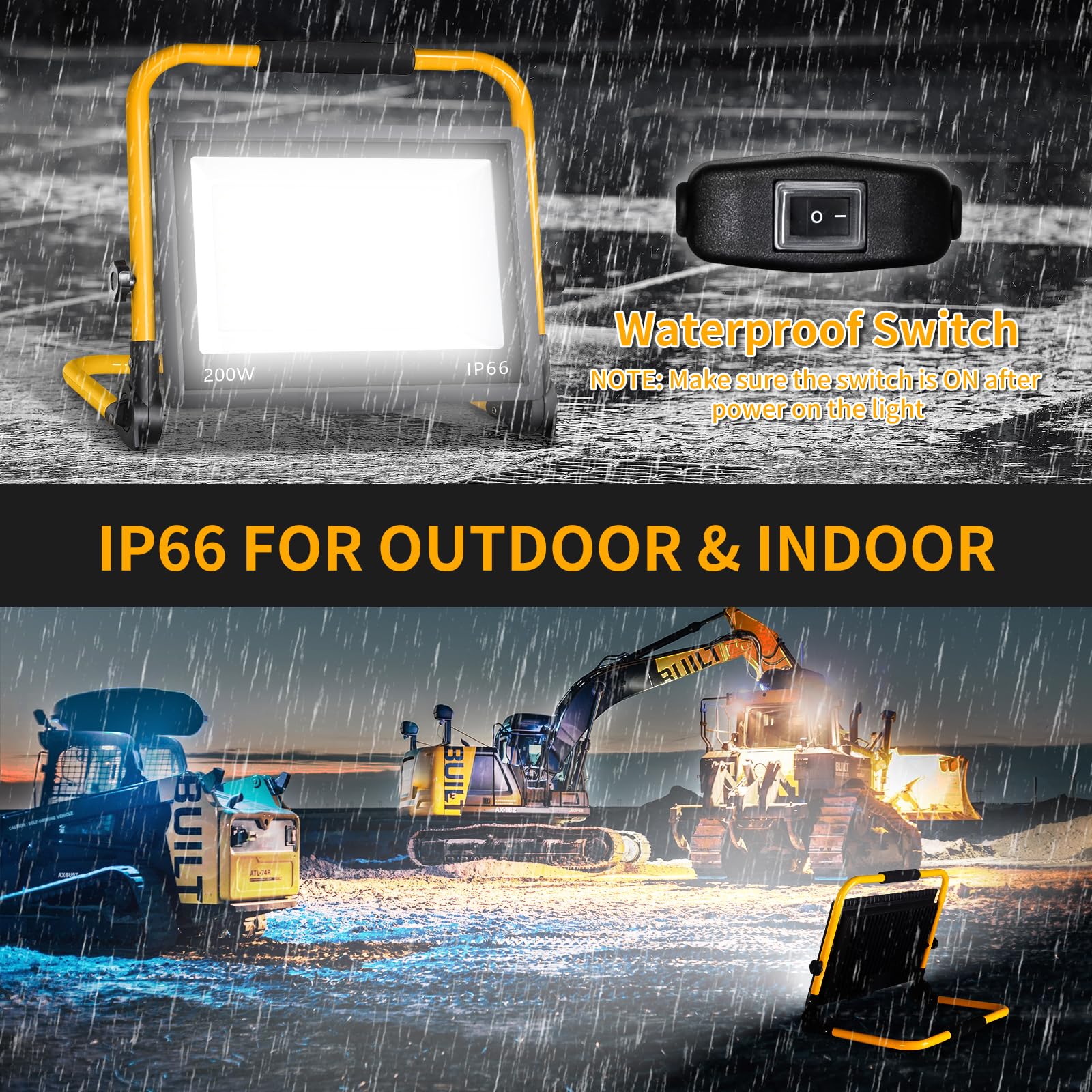 200W Led Work Light, 24000Lm Ultra Brighter Flood Light With 16Ft Cord Switch, Portable Working Light With Stand, 5000K Ip66 Wat