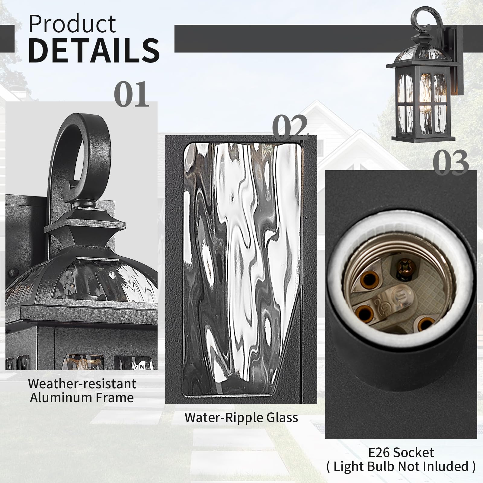 Darkaway Outdoor Wall Light Fixture - Water Ripple Glass, Aluminum, Medium-2 Pack, Black - Ideal for Porch, Patio, Doorway, Garage
