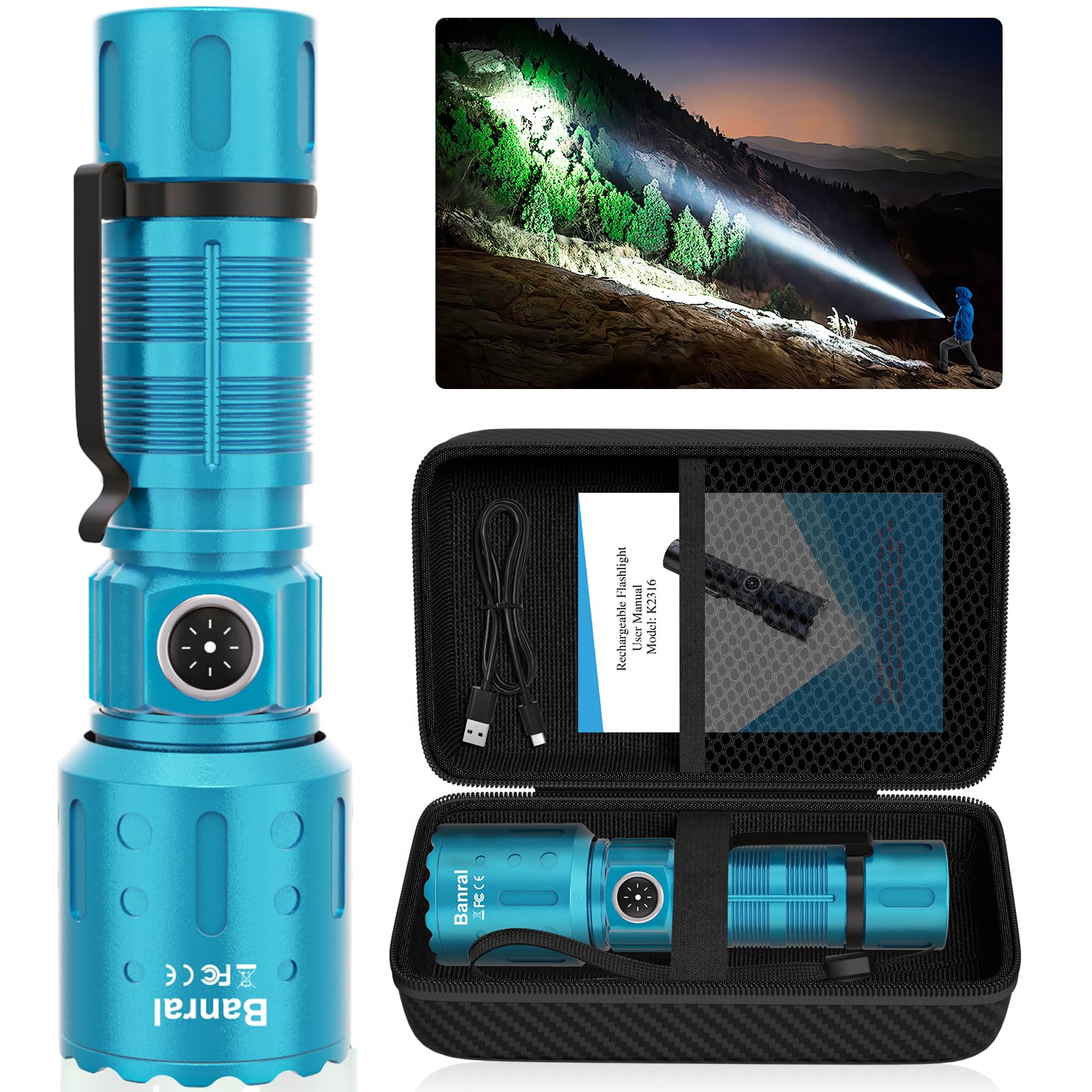 Banral High Lumens Rechargeable Flashlight, 20000 Lumens, 1500m Range, 6 Modes, Aluminum, Model K-2316-B, Turquoise