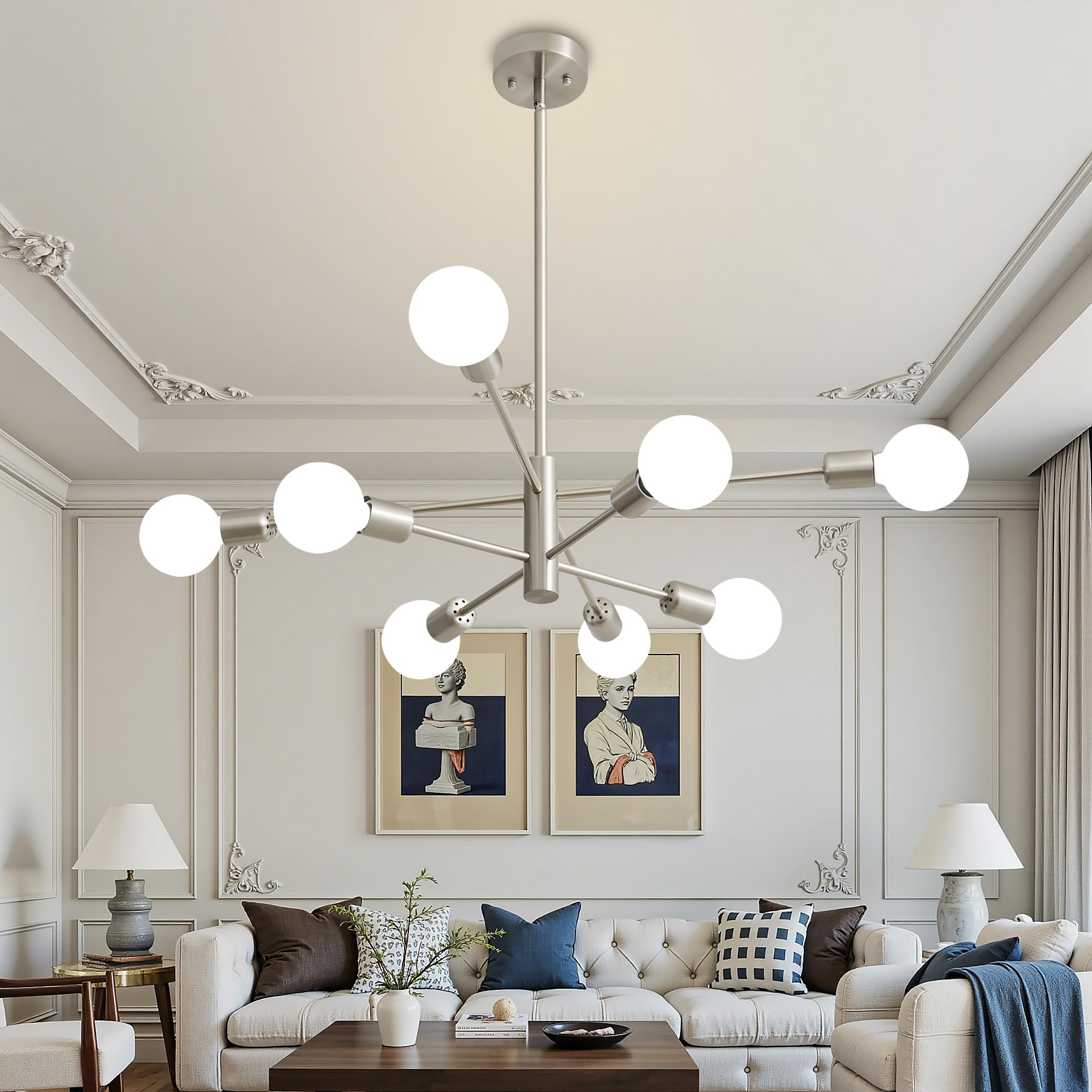 Deyidn 8-Light Brushed Nickel Sputnik Chandelier Modern Metal Ceiling Fixture Model 0147 for Living Room, Kitchen, Bedroom, Dining Room