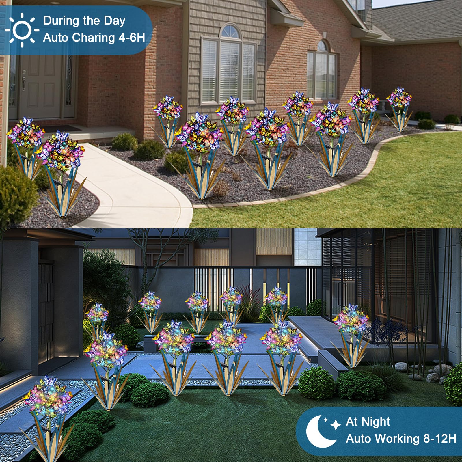 Homight Solar Metal Agave Butterfly Flower Stick Garden Sculpture - 2 Pcs Blue, Model HM-453, Outdoor Christmas Lights