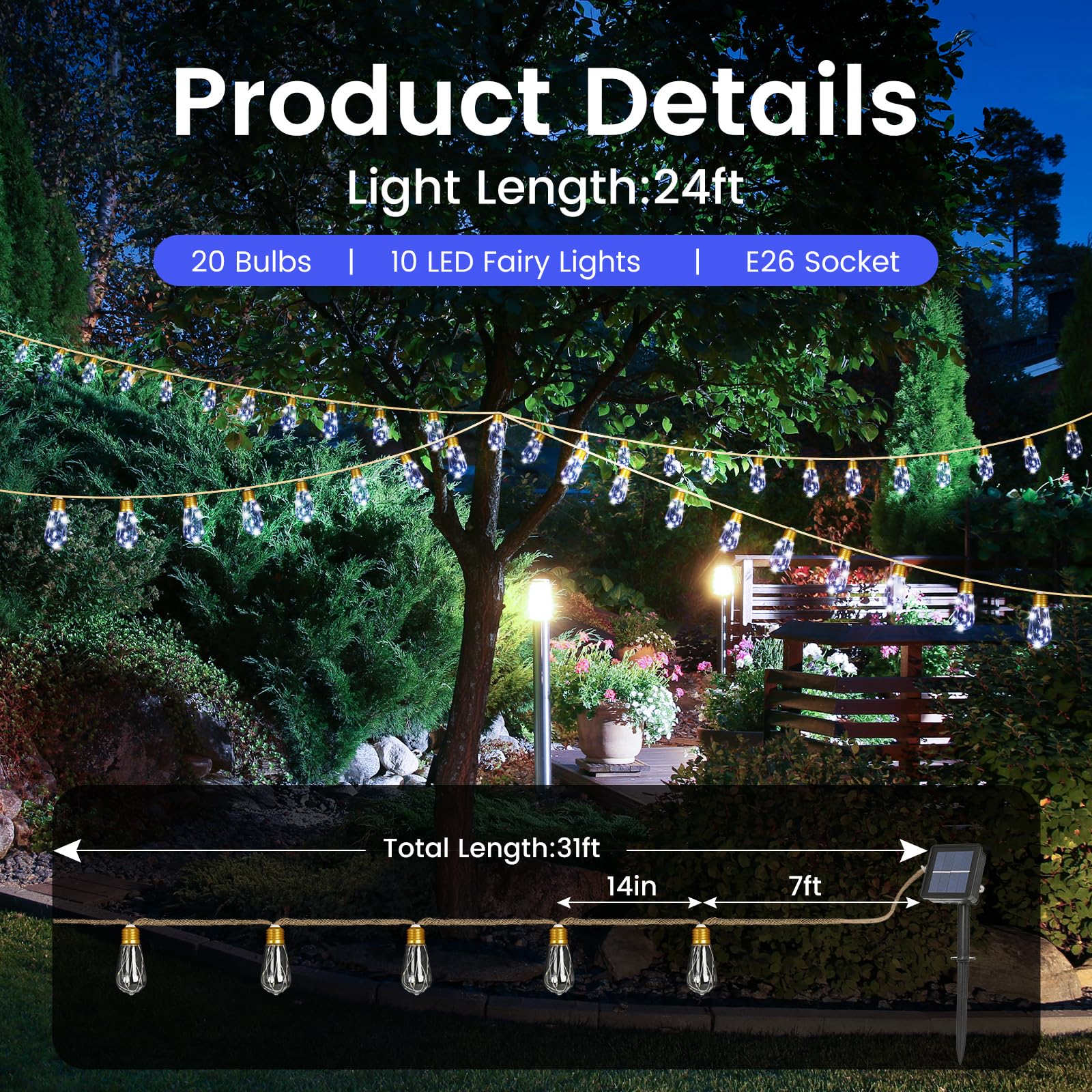 Solar String Lights For Outside, 24Ft Vintage Rope Hemp Solar Outdoor String Lights With 20 Shatterproof Bulbs, Solar Powered Wa