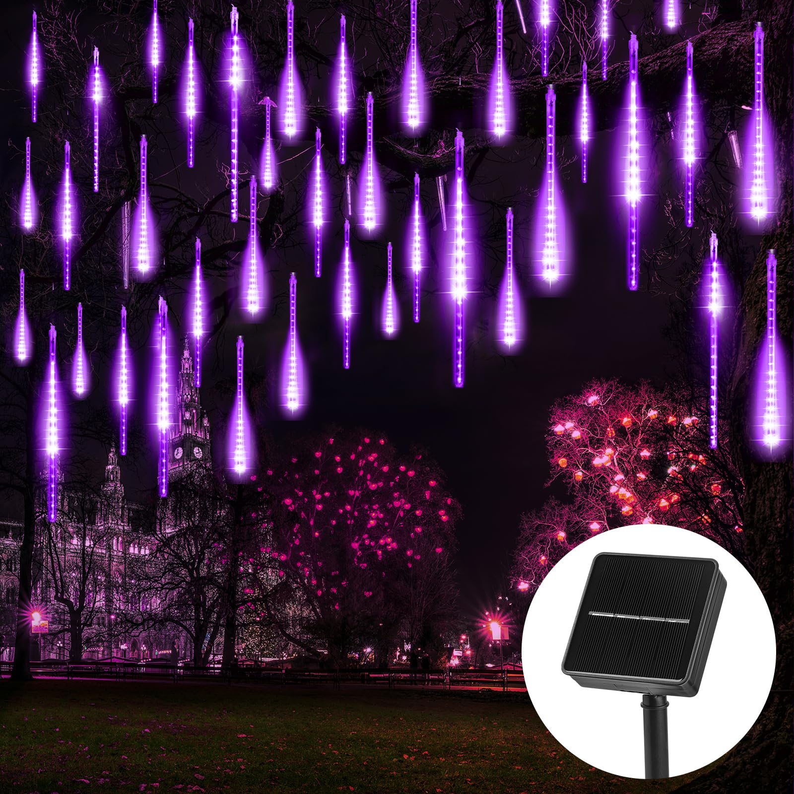 Purple Solar Christmas Lights, 16 Inches 8 Tube 288 LED Solar Meteor Shower Lights with 16 Tubes, Icicle Fairy String Lights for