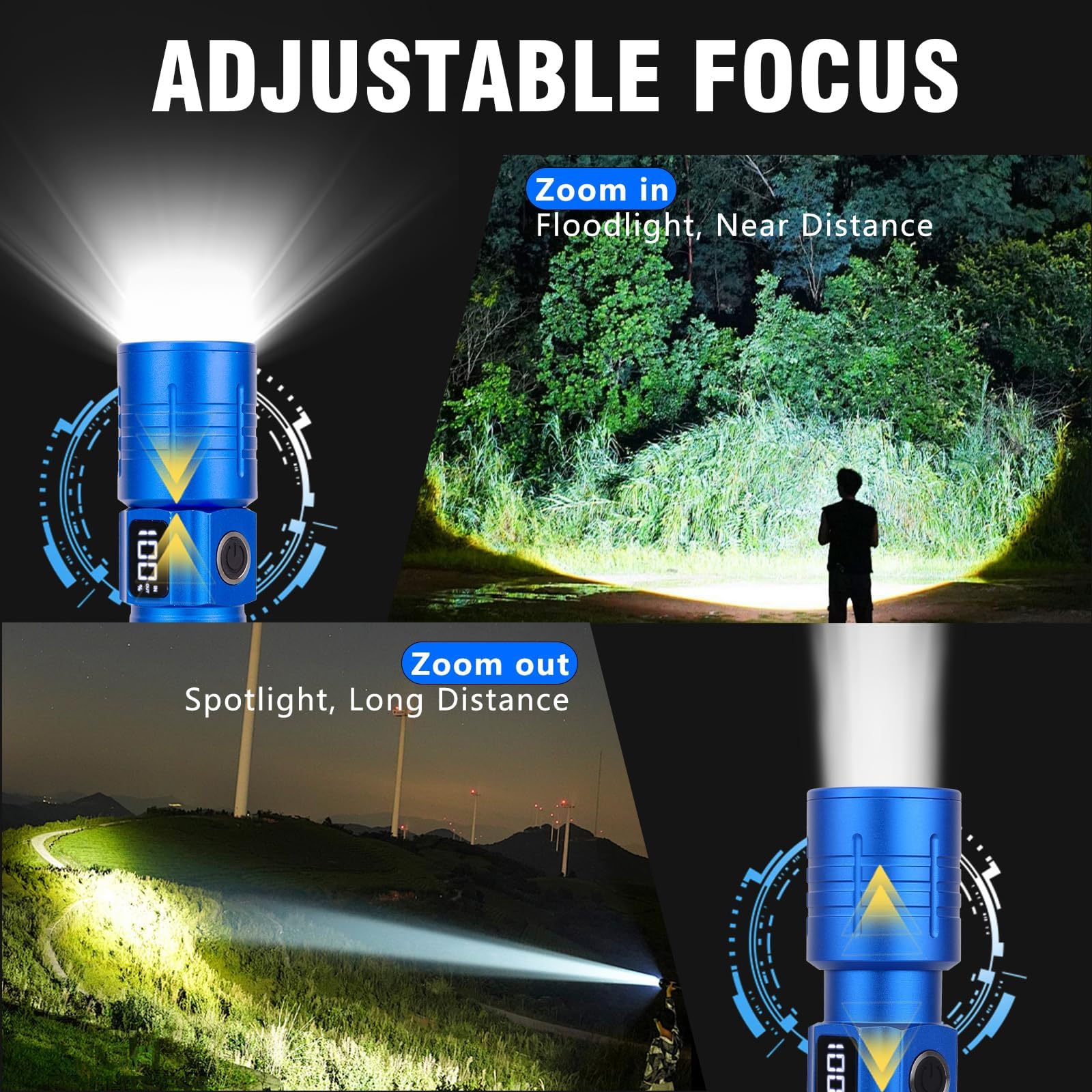 NetCan LED Flashlight, Rechargeable Tactical Light, 6 Modes, Zoomable, Waterproof, Black+Blue, Model K2312