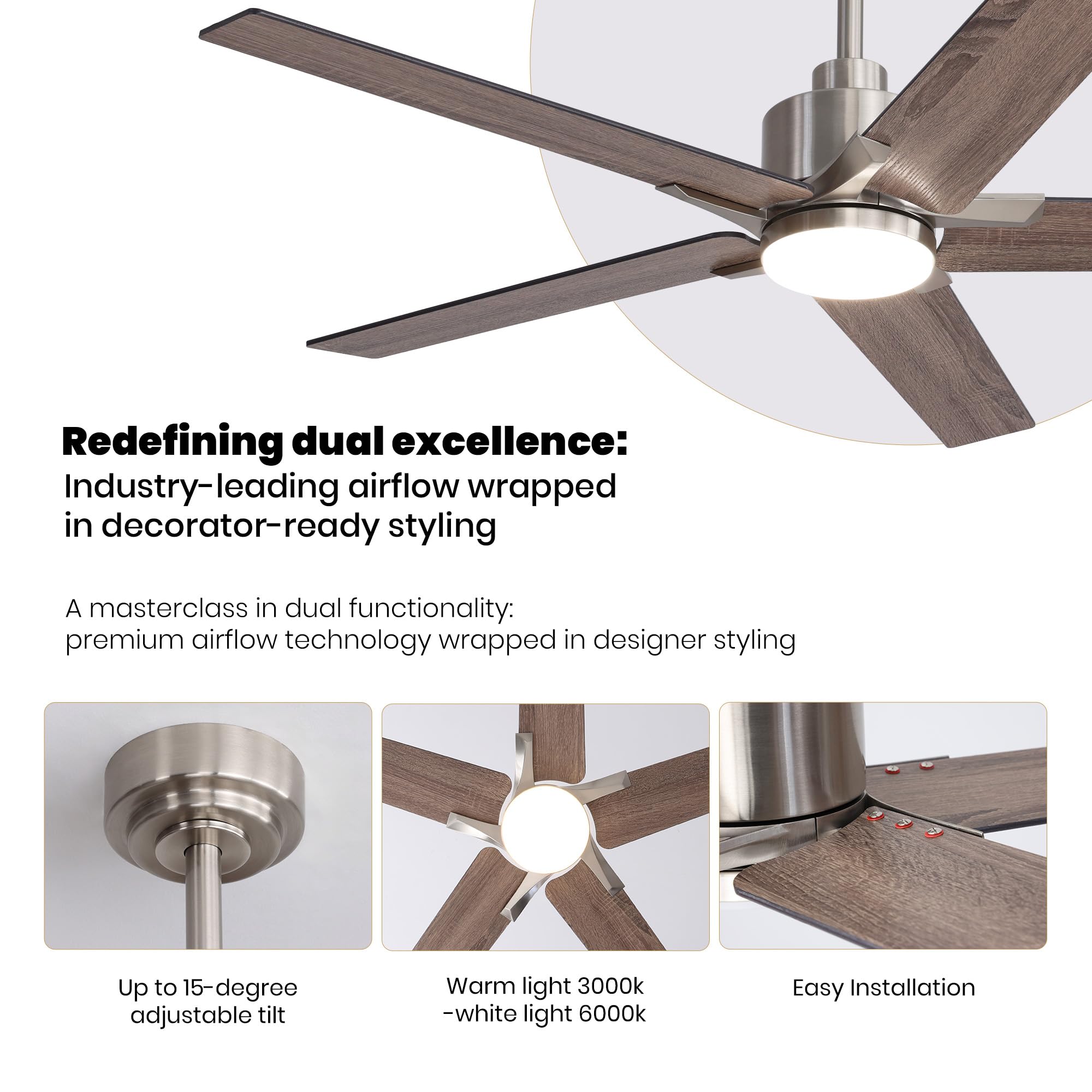 Nuoqiso 52 Inch Ceiling Fan with Lights, Remote Control, Nickel Finish, Quiet DC Motor, Dimmable LED for Indoor/Outdoor Use