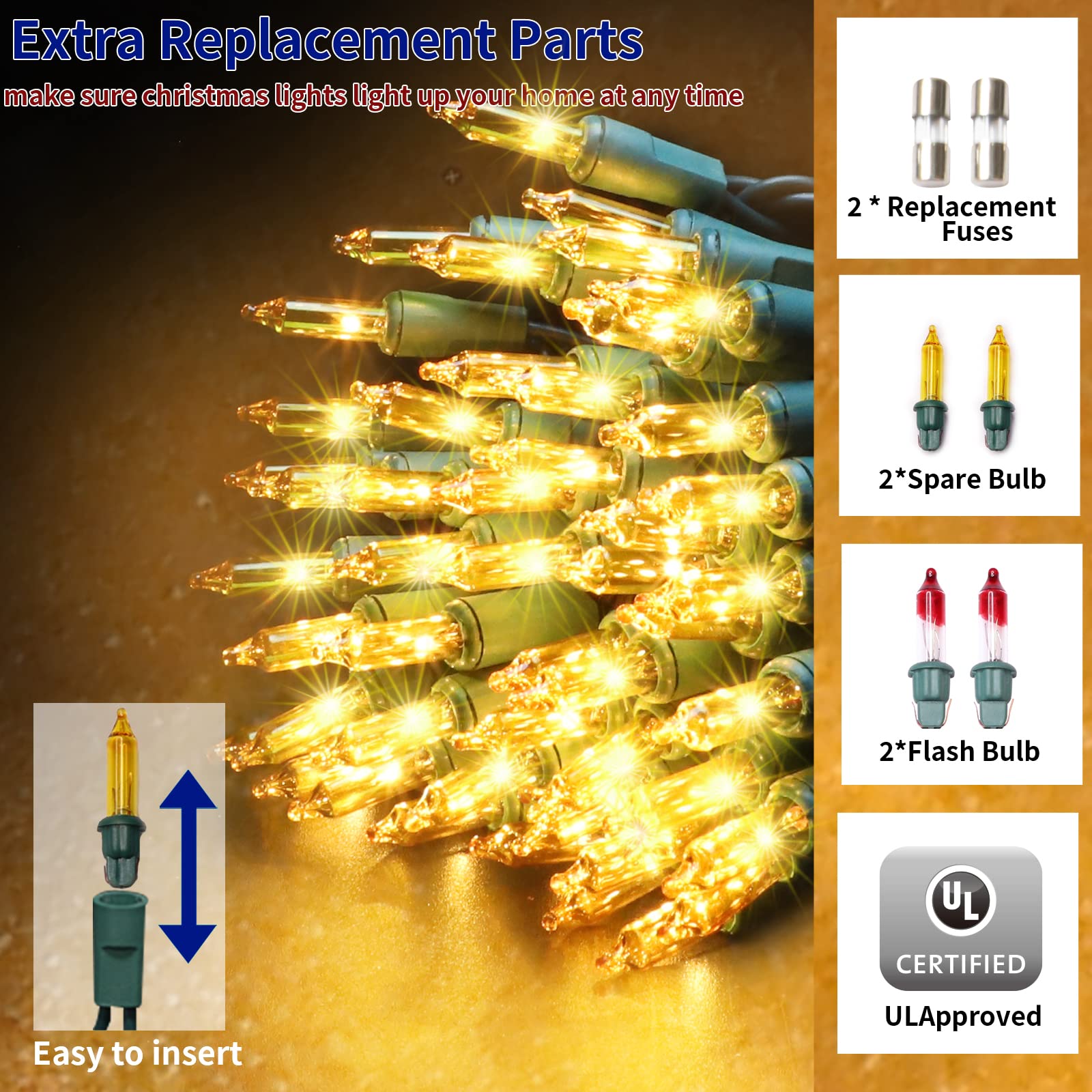 Twinglehome Ultra-Bright Connects End To End Yellow Christmas Mini Lights 300L 63.8Ft(2Sets-Each 150L) Ul Listed Incandescent Bulb String Light For Indoor Outdoor Holiday Garden Christmas Tree Decor