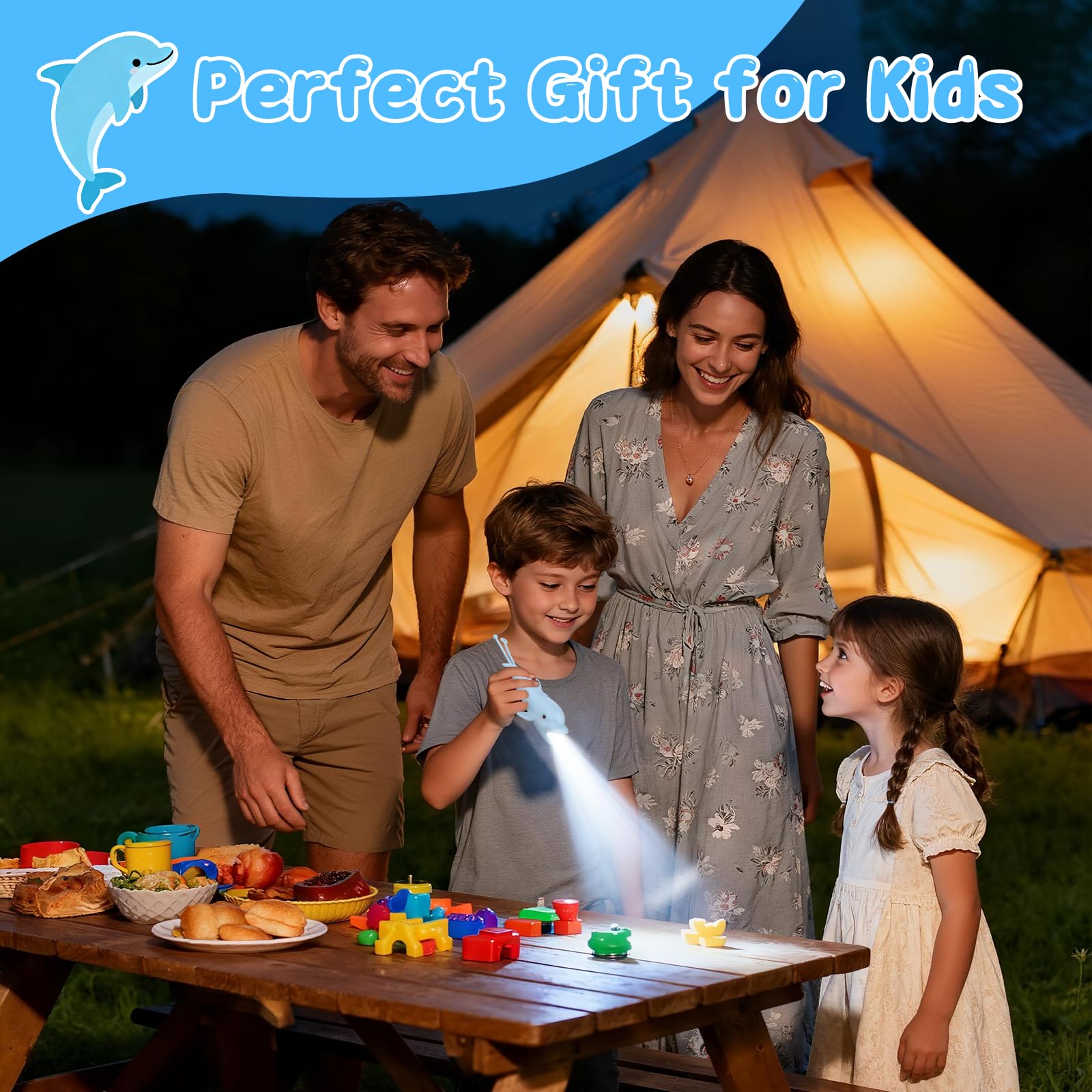 Tremdwoto Rechargeable Kids Flashlight - Cute Dolphin Model, Blue Silicone, Perfect for Camping, Outdoor Adventures, and Night Walks