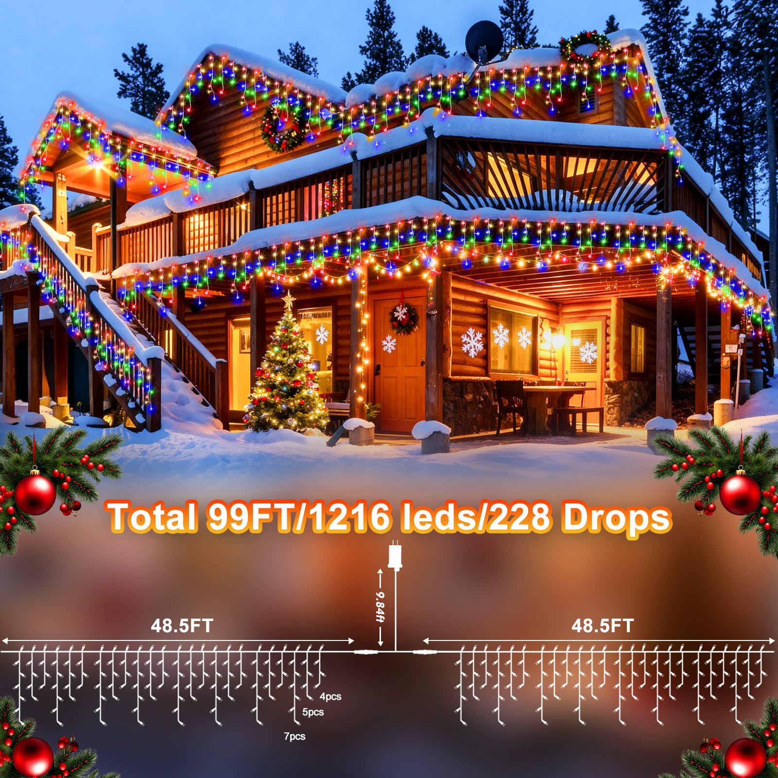 Knonew 99Ft 1216 Led Multicolor Christmas Lights - 8 Modes Curtain Fairy String Light Decor For Weddings, Parties, And Holidays