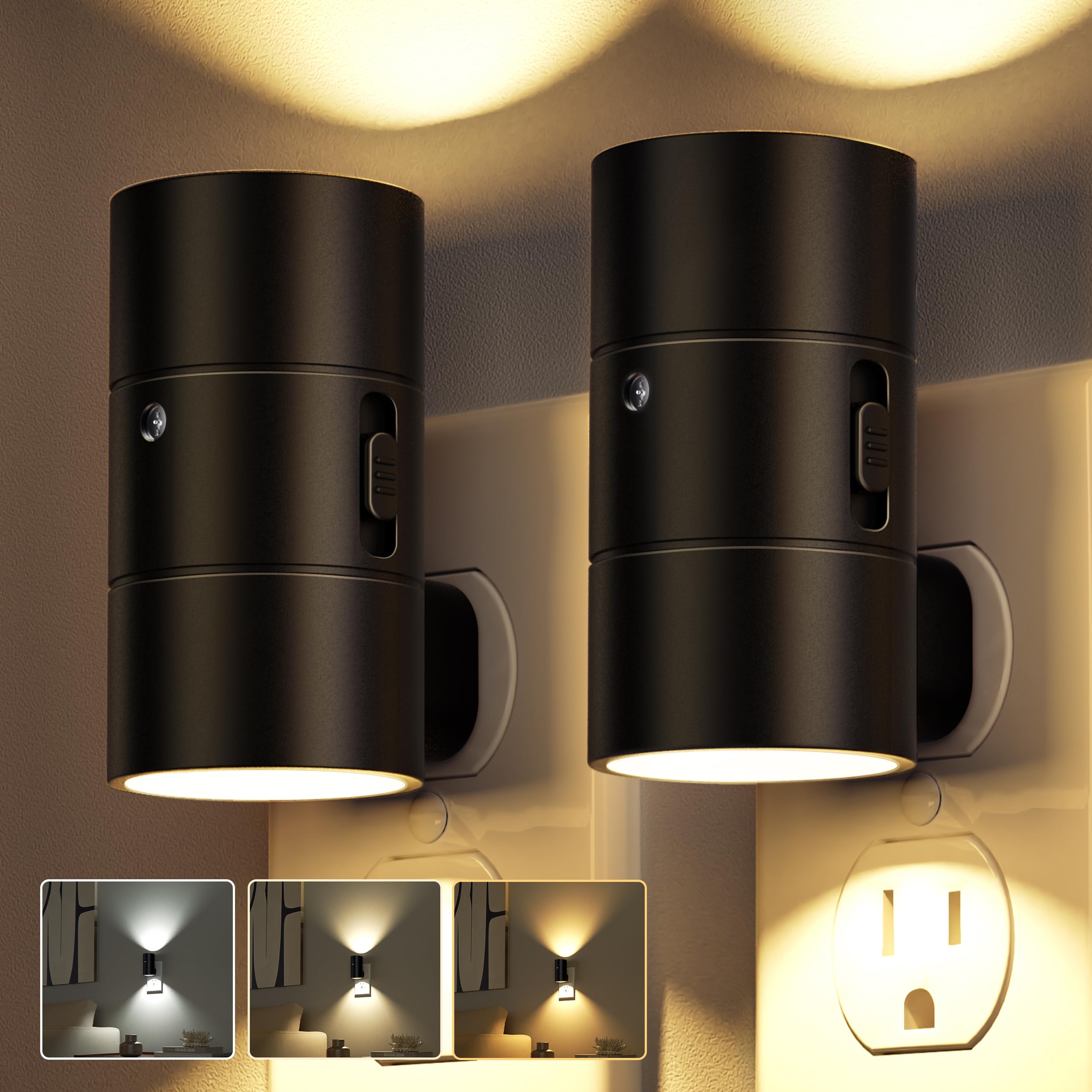 JOFIOS Night Lights Plug Into Wall Dimmable LED Nightlight with Dusk to Dawn Light Sensor 0-100LM Adjustable Brightness 3 Color Temperatures Night Light for Hallway Bathroom Stair Bedroom Black 2 Pack