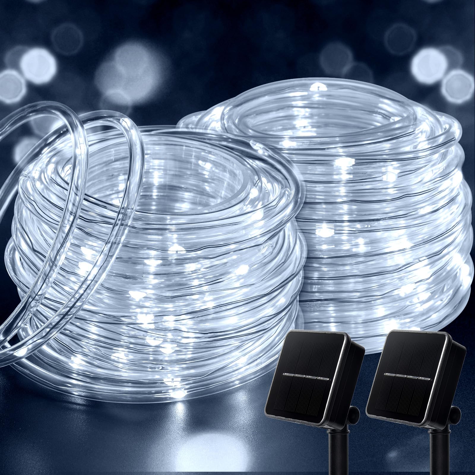 Brightown Solar String Lights Outdoor 2 Pack 72 Feet 200 LED Waterproof Solar Powered String Lights with 8 Lighting Modes, Waterproof Solar Rope Lights for Outside Christmas Party, Pure White