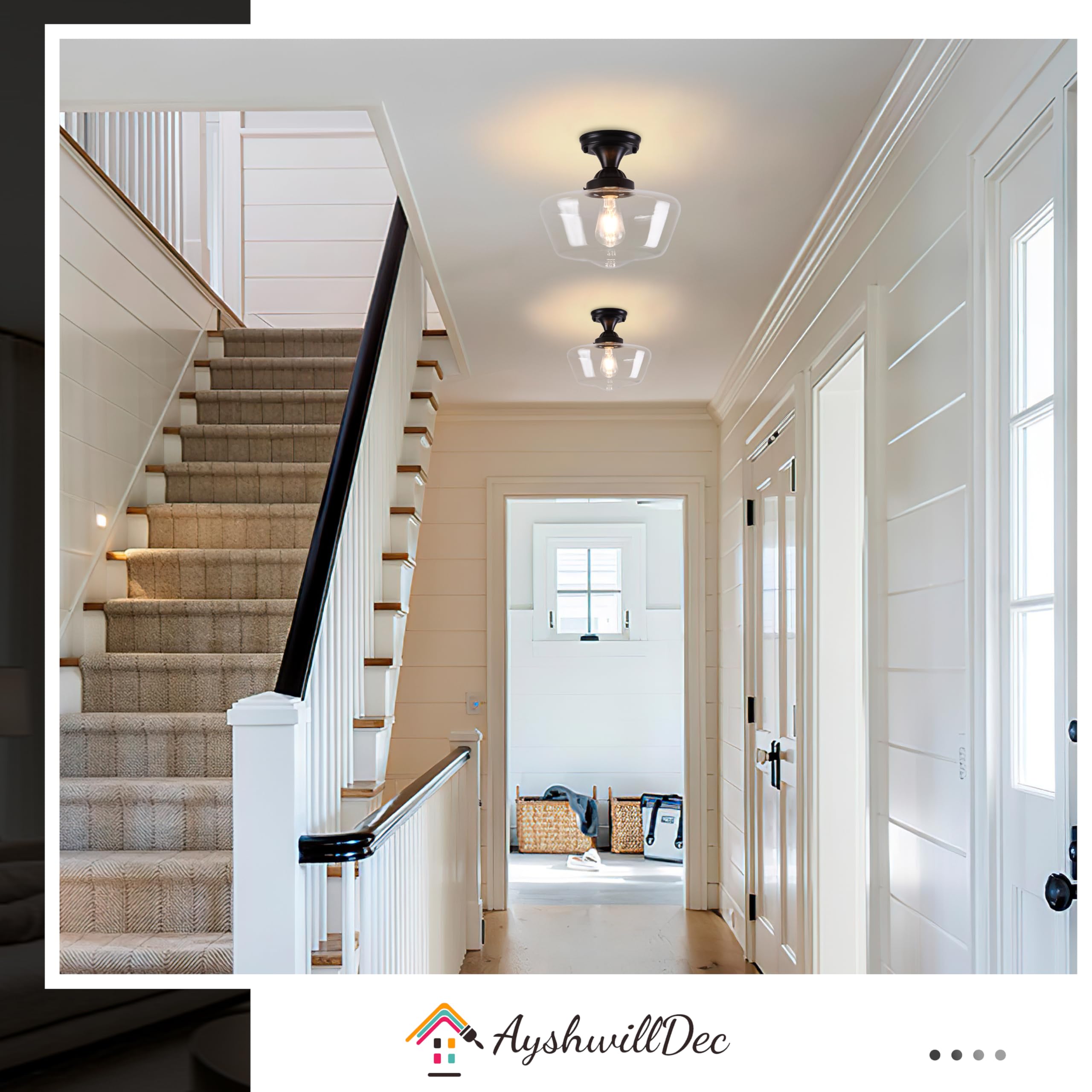 Ayshwilldec Black Schoolhouse Light Fixture 12'' Mid Century Light Fixture Schoolhouse Light Fixtures Ceiling Clear Glass Semi F