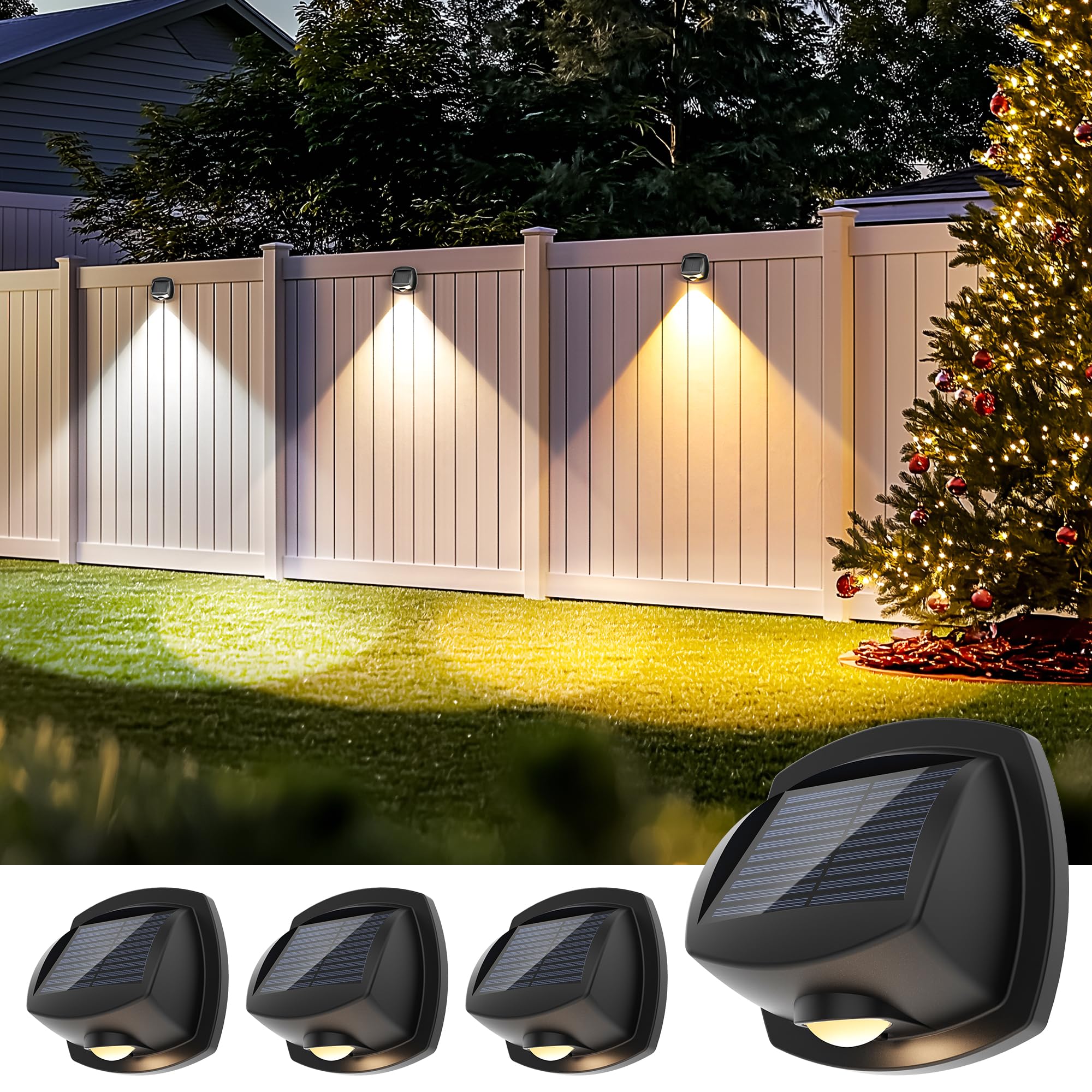 AUDERWIN Solar Fence Lights Outdoor IP65 Waterproof Dual Color LED 4 Pack 3CCT