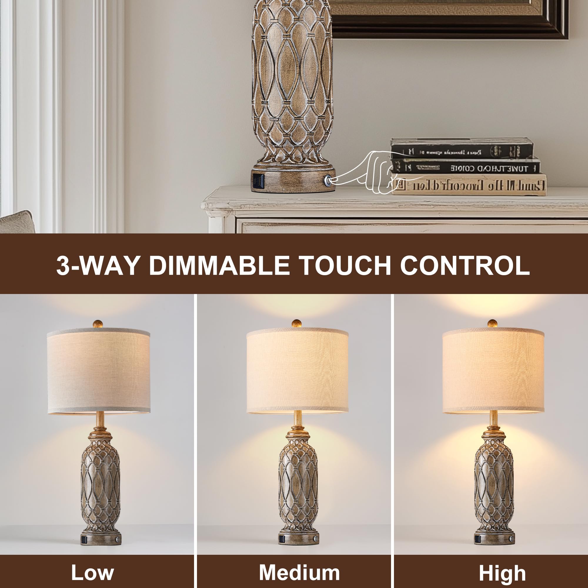 SRJJRS Farmhouse Table Lamps Set of 2, 28" Touch Control, 3-Way Dimmable, Brown, USB Ports, Bulbs Included, Model SE_2355-