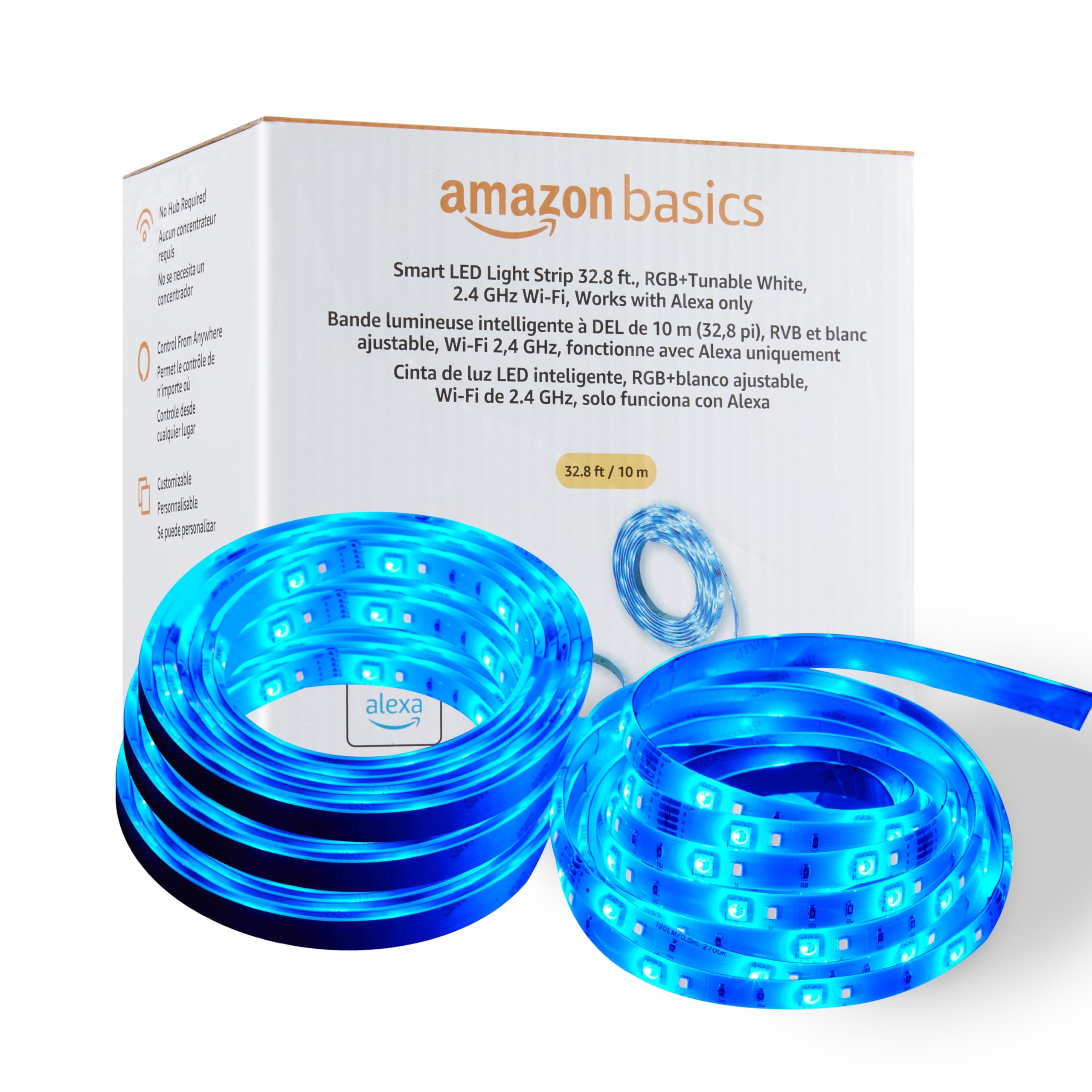 Amazon Basics Smart LED Light Strip, 32.8 feet (2 Roll of 16.4 feet), RGB + Tunable White, Works with Alexa Only, 2.4 GHz Wi-Fi,