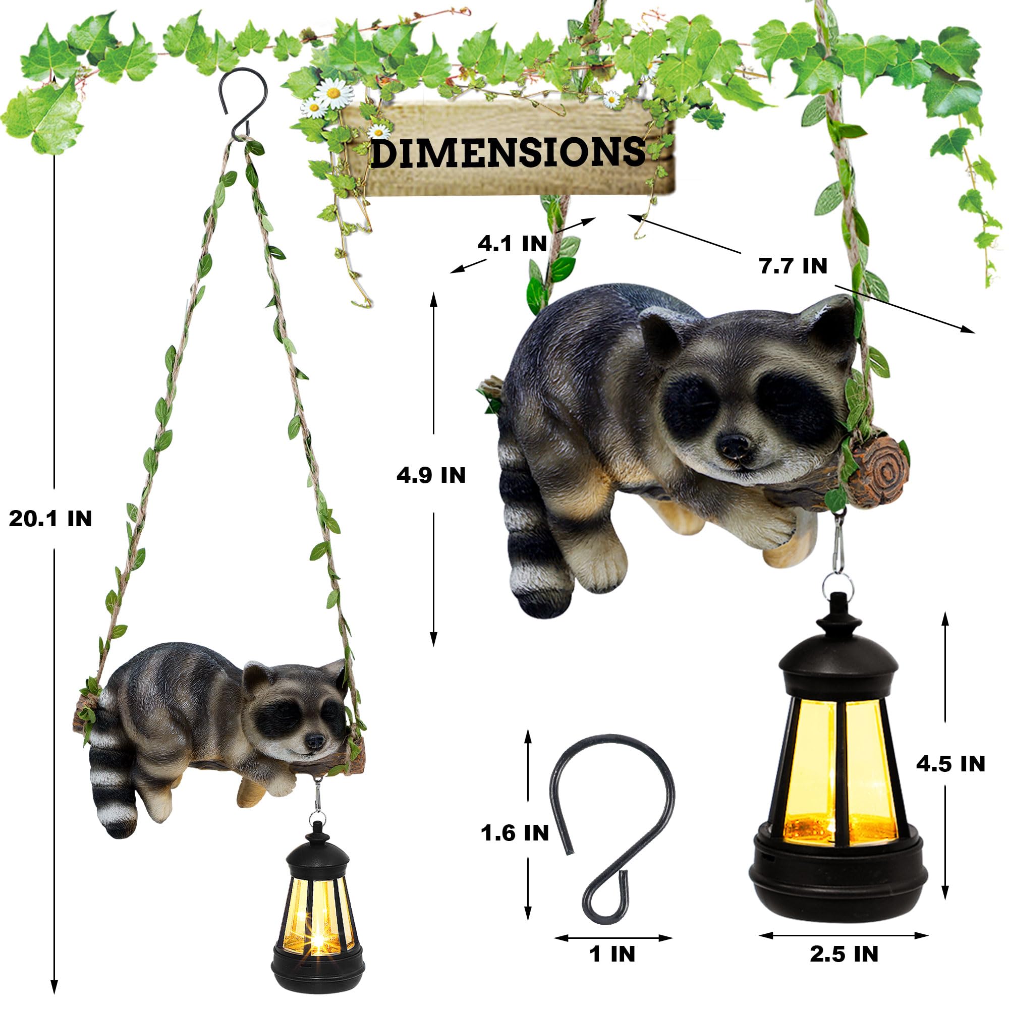 ZaaYee Solar Lighted Garden Statue, 20.1in Hanging Raccoon with LED Lantern, Brown Resin Figurine, Model LIERCN