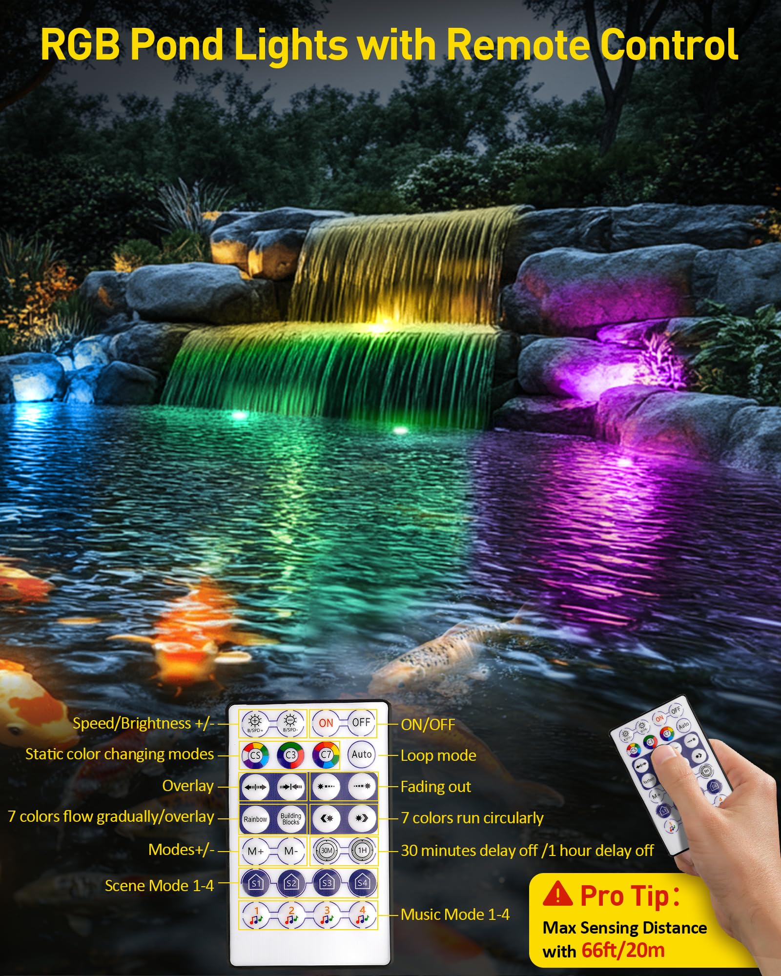 T-SUN Colored Pond Lights, Bright LED Underwater Pond Light Submersible Fountain Lights APP and Remote Control,Dimmable,Timer, I