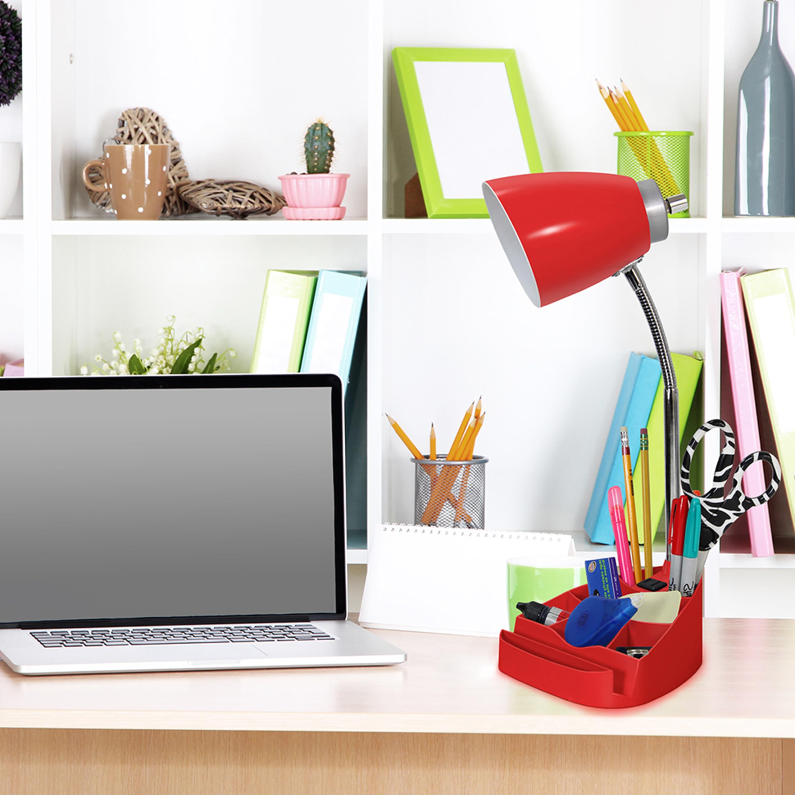 Simple Designs LD1094-RED 18.5 All-in-One Gooseneck Desk Lamp with iPad Stand, Book Holder, and Convenient Charging Outlet, for