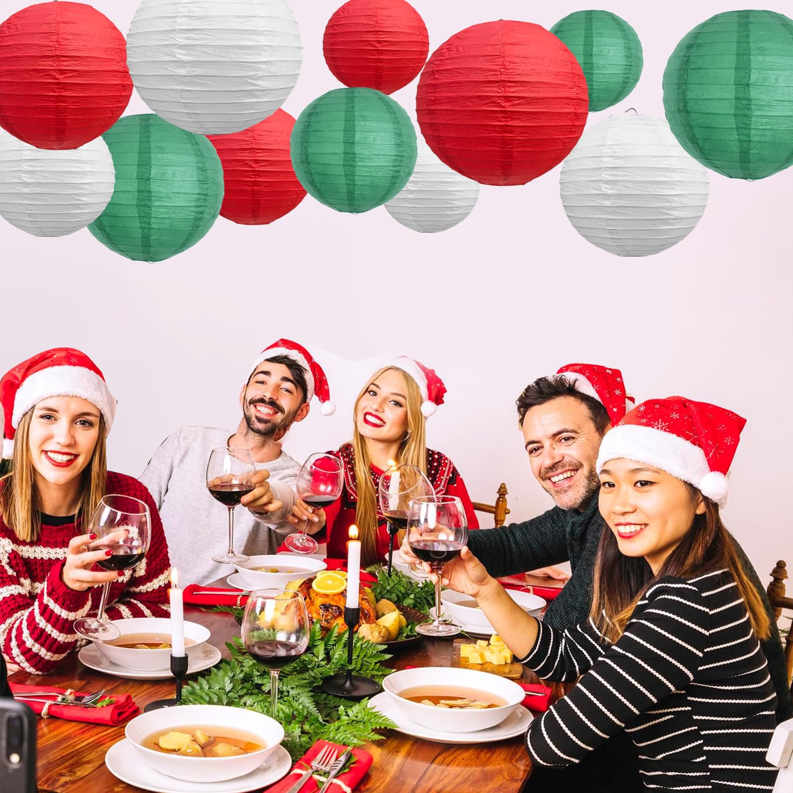 Beishida 12Pcs Red Green White Paper Lanterns Decorative Hanging Round Paper Lanterns Lamp For Christmas Birthday  Wedding Bridal Home Decor Outdoor Decoration Party Decoration