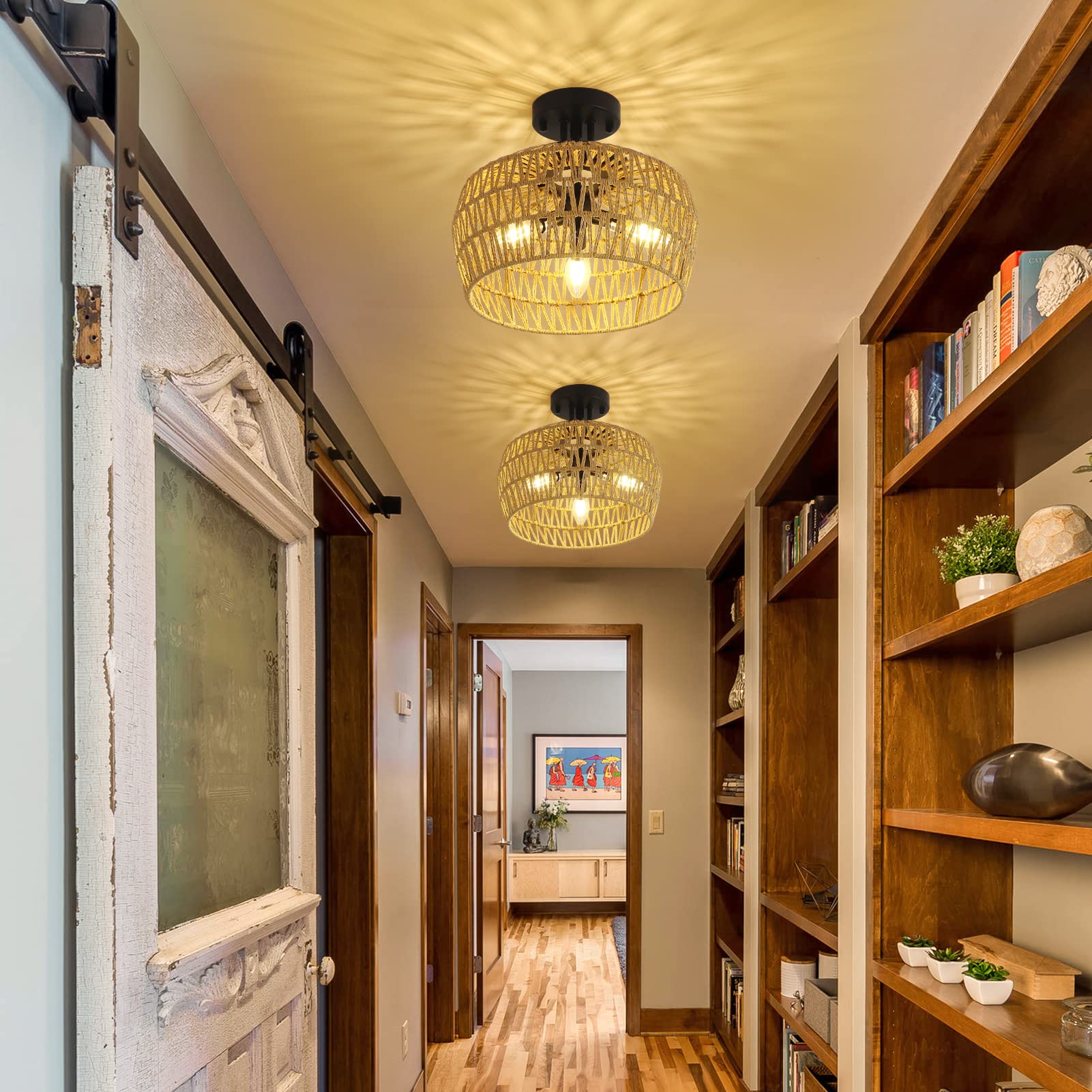 Hmvpl Rattan Semi Flush Mount Ceiling Light, 3-Light Boho Chandelier For Living Room, Bedroom