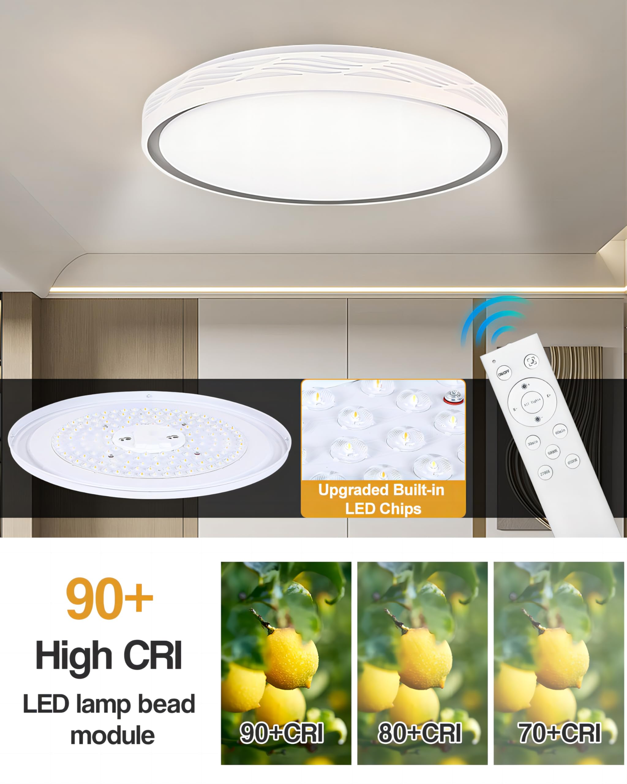 Fcpvhoy 20 Inch Large Led Flush Mount Ceiling Light, 2700K-6500K Dimmable Led Ceiling Light Fixture With Remote, 70W 8900Lm Roun
