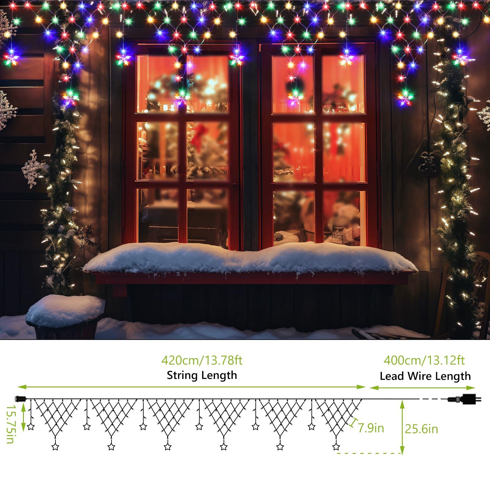 Miniao Christmas Lights Outdoor Decorations 218 Led 13.8Ft Curtain Fairy Lights With 12 Drops  Led String Light Decor With 8 Modes For Party Holiday Christmas Home Indoor Outdoor Decor Star Multicolor
