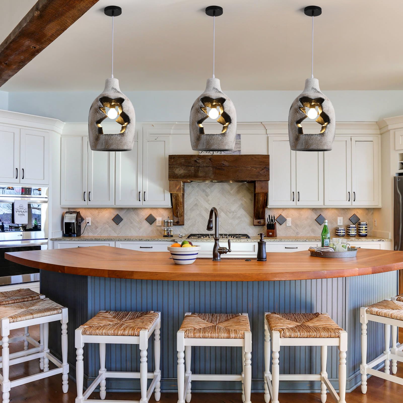 Jaymp Wabi Sabi Pendant Light For Dining Room Kitchen Island Hallway Farmhouse Hanging Lamp E26 Base Retroism Style Wine Bottle Shape Lighting Fixture (Antique White C Shape  D26?H46Cm)