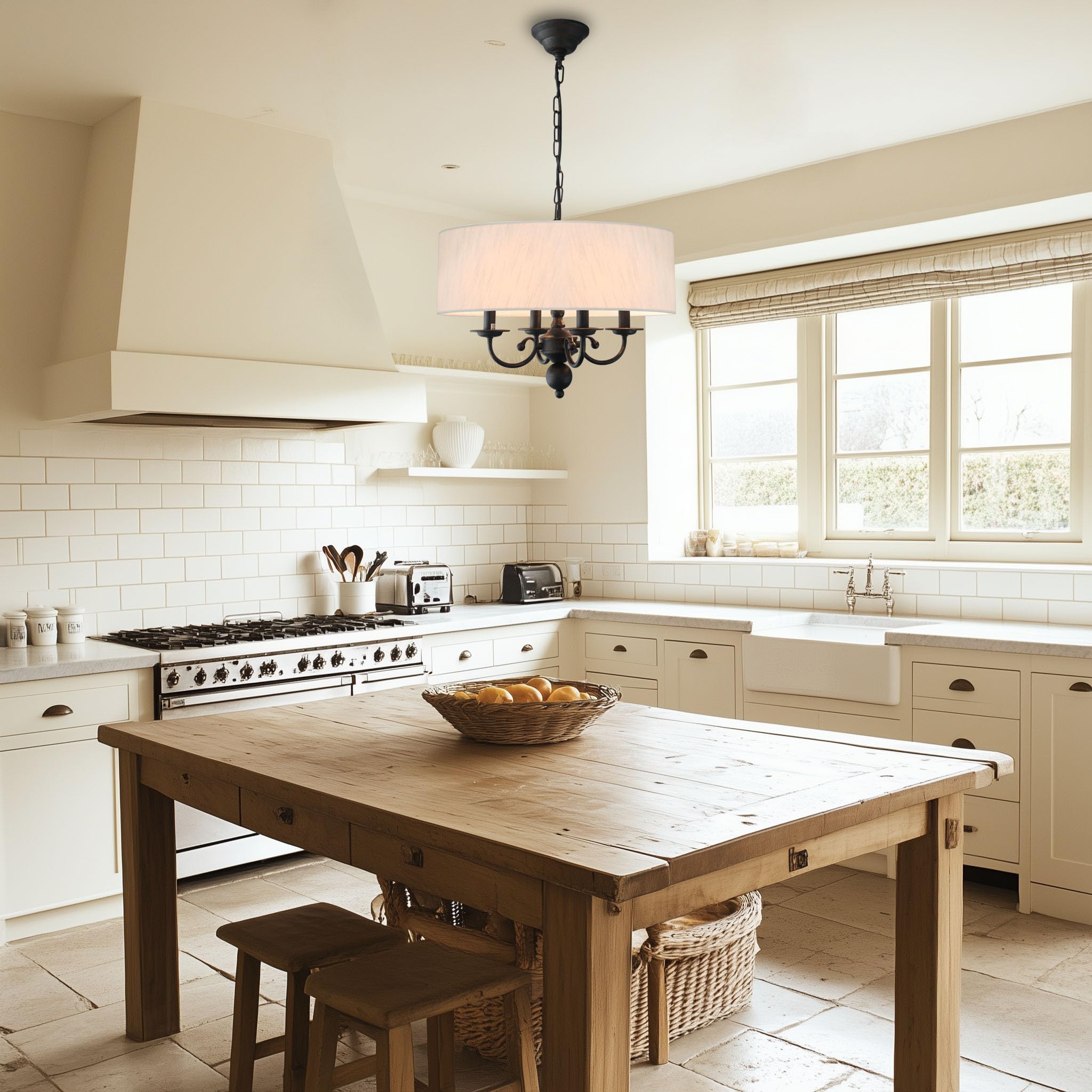 Cawabien 4-Lights Drum Chandelier Pendant Light Fixture, Beige Shade, Metal, 17.75" for Dining Room, Living Room, Kitchen Island