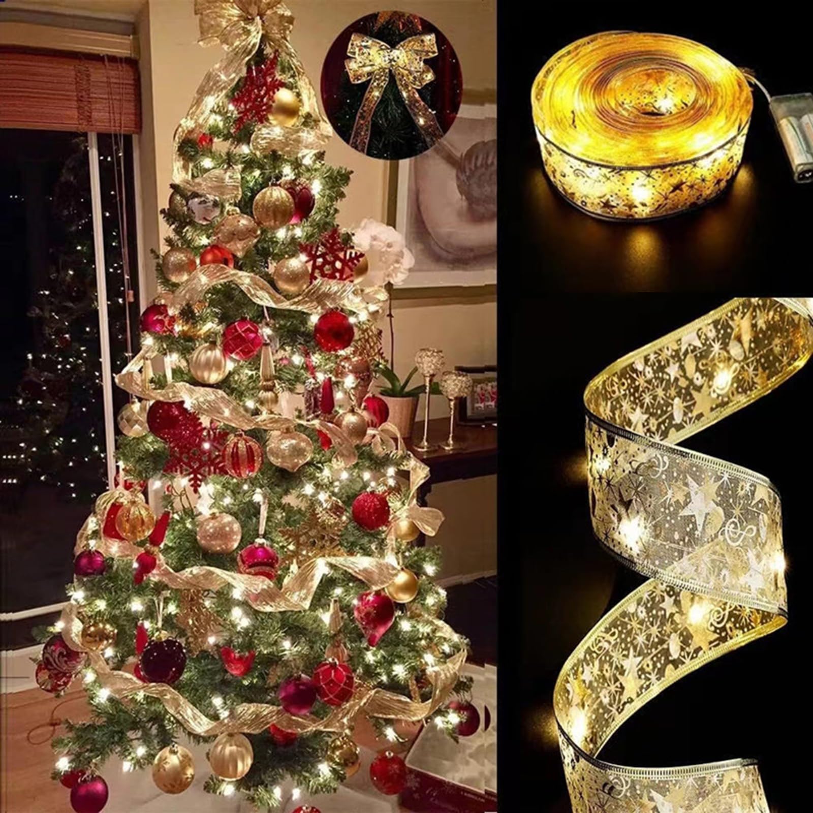 Zjhgdr Christmas Ribbon Fairy Lights  Copper Wire White String Lights Glitter Gold Ribbon Lights 2.5Inch X16.4Ft 50 Leds Battery Operated Fairy String Lights For Xmas Tree Indoor Decorations