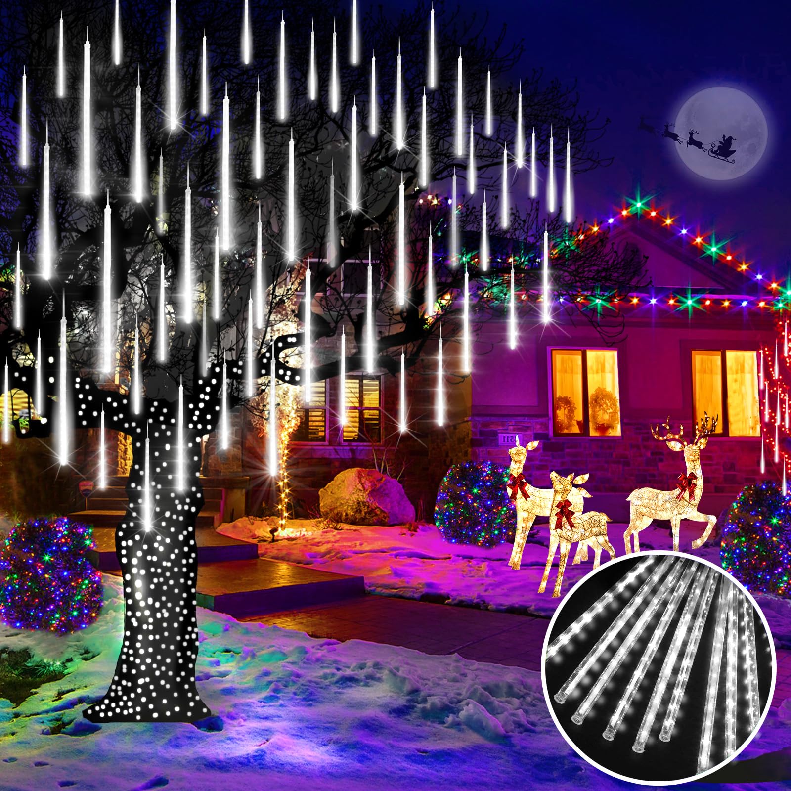 Knonew 2Pack Total 48 Tube Meteor Shower Lights 15 In 672 Leds Christmas Lights Outdoor Waterproof Plug In Falling Rain Light For Xmas Tree Wedding Party Garden Holiday Decorations (Cool White)